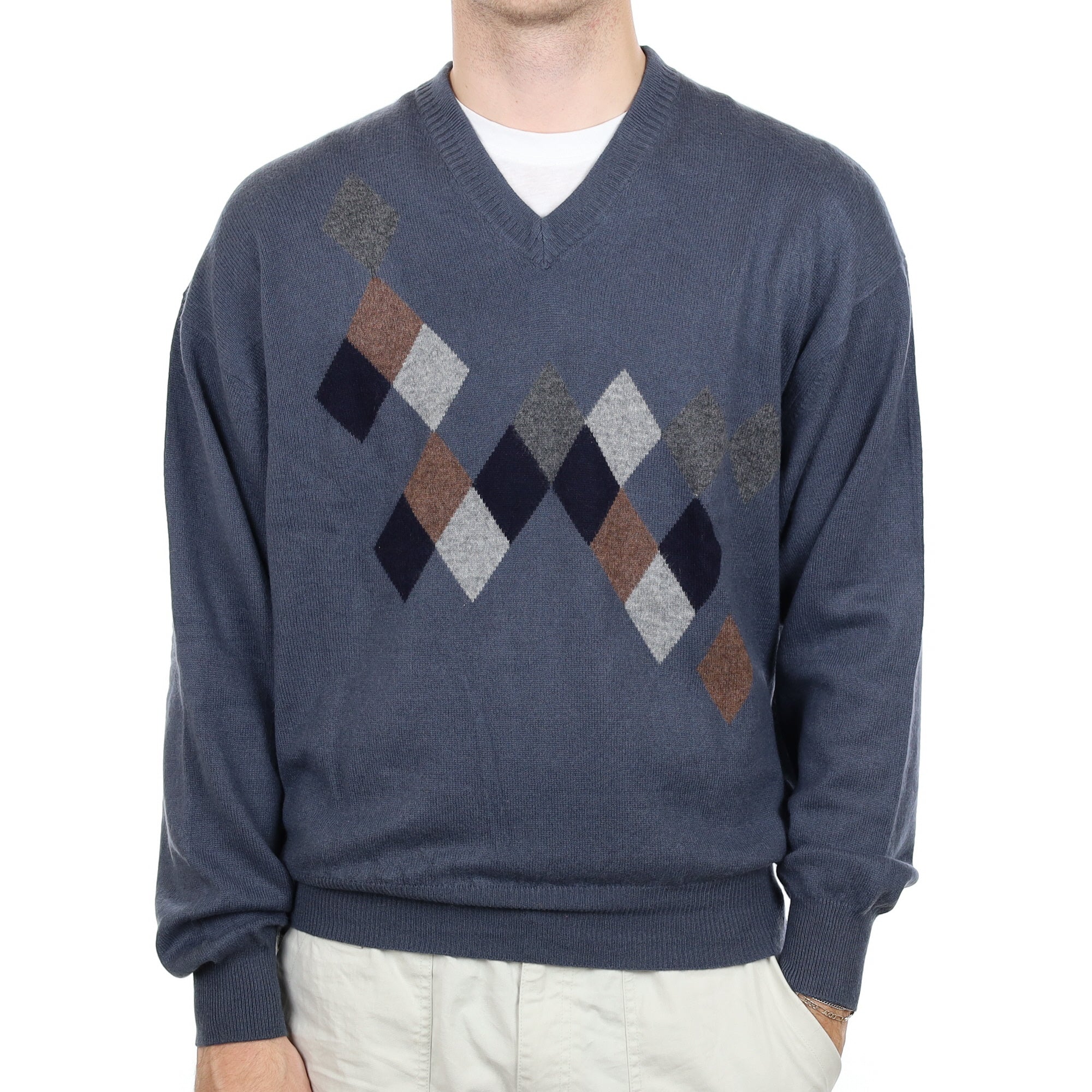 Men's  Pebble Grey Diamond Cashmere V Neck Jumper Large