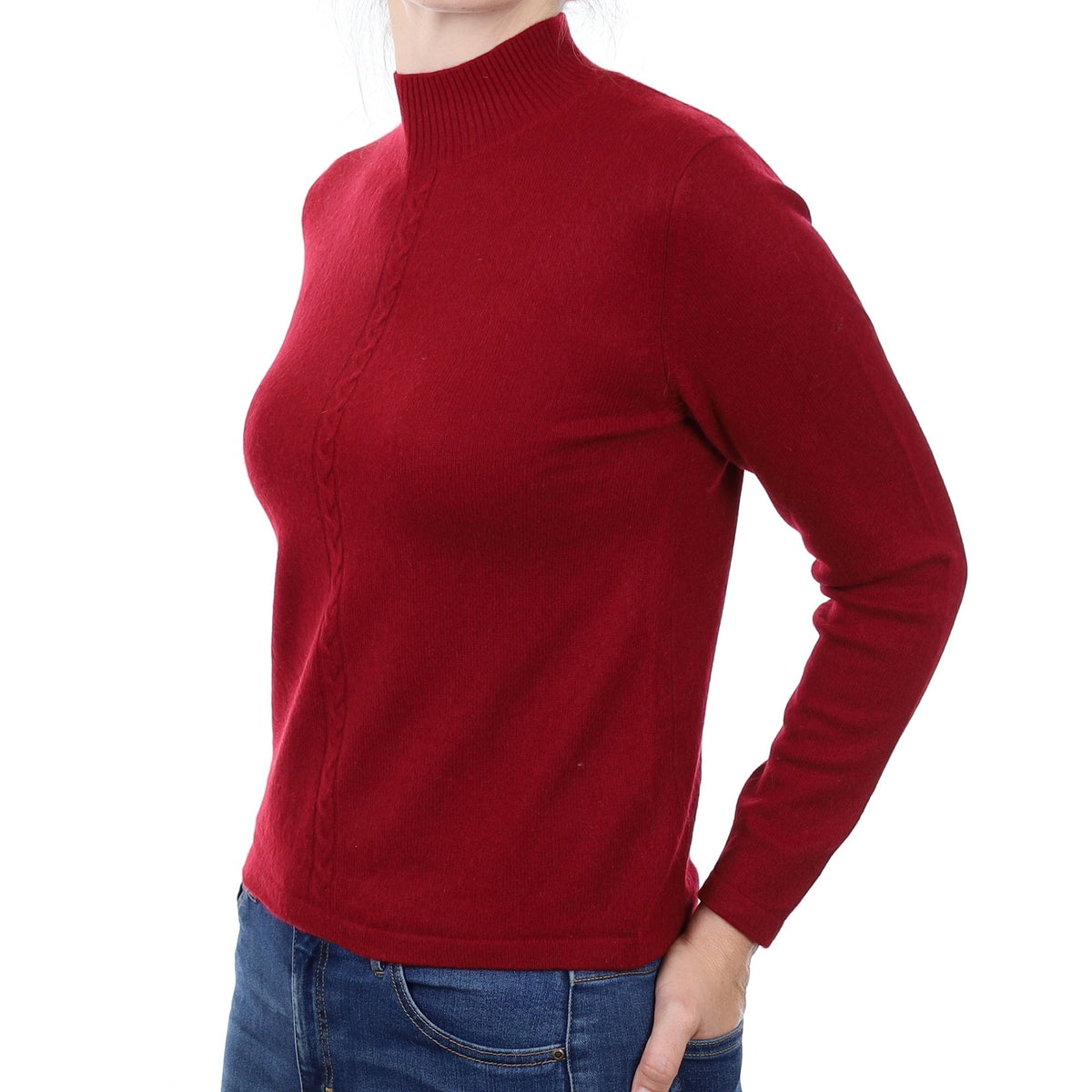 Burgundy Cable Detail Cashmere Turtleneck Jumper Small