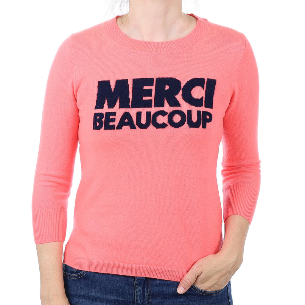 Neon Coral Slogan Cashmere Crew Neck Jumper Small