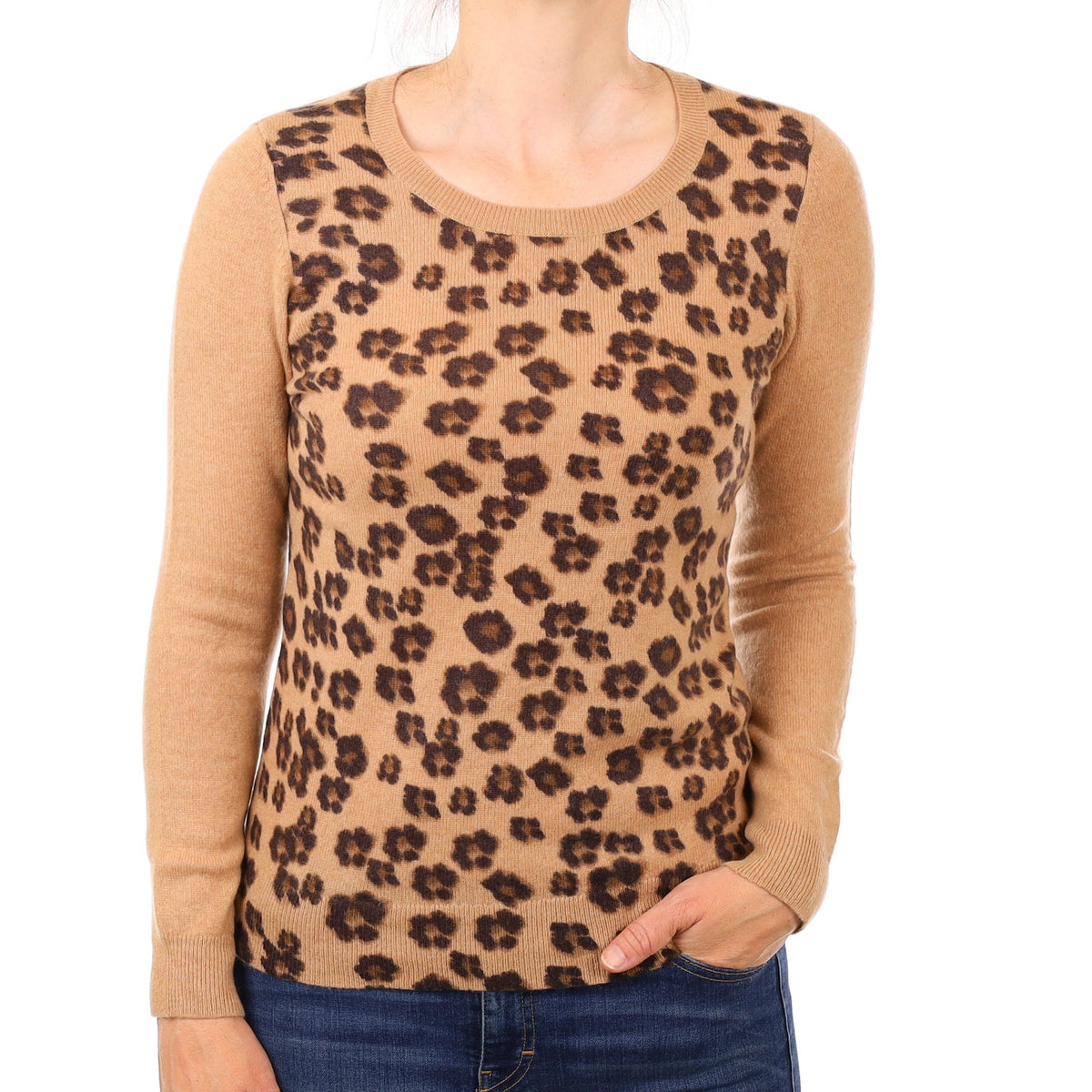Camel Leopard Print Cashmere Crew Neck Jumper Small