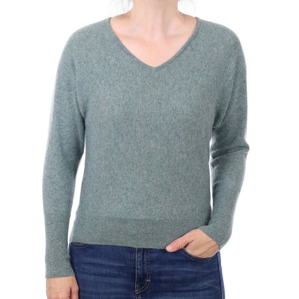 Everglade Green Cashmere Batwing V Neck Jumper Small