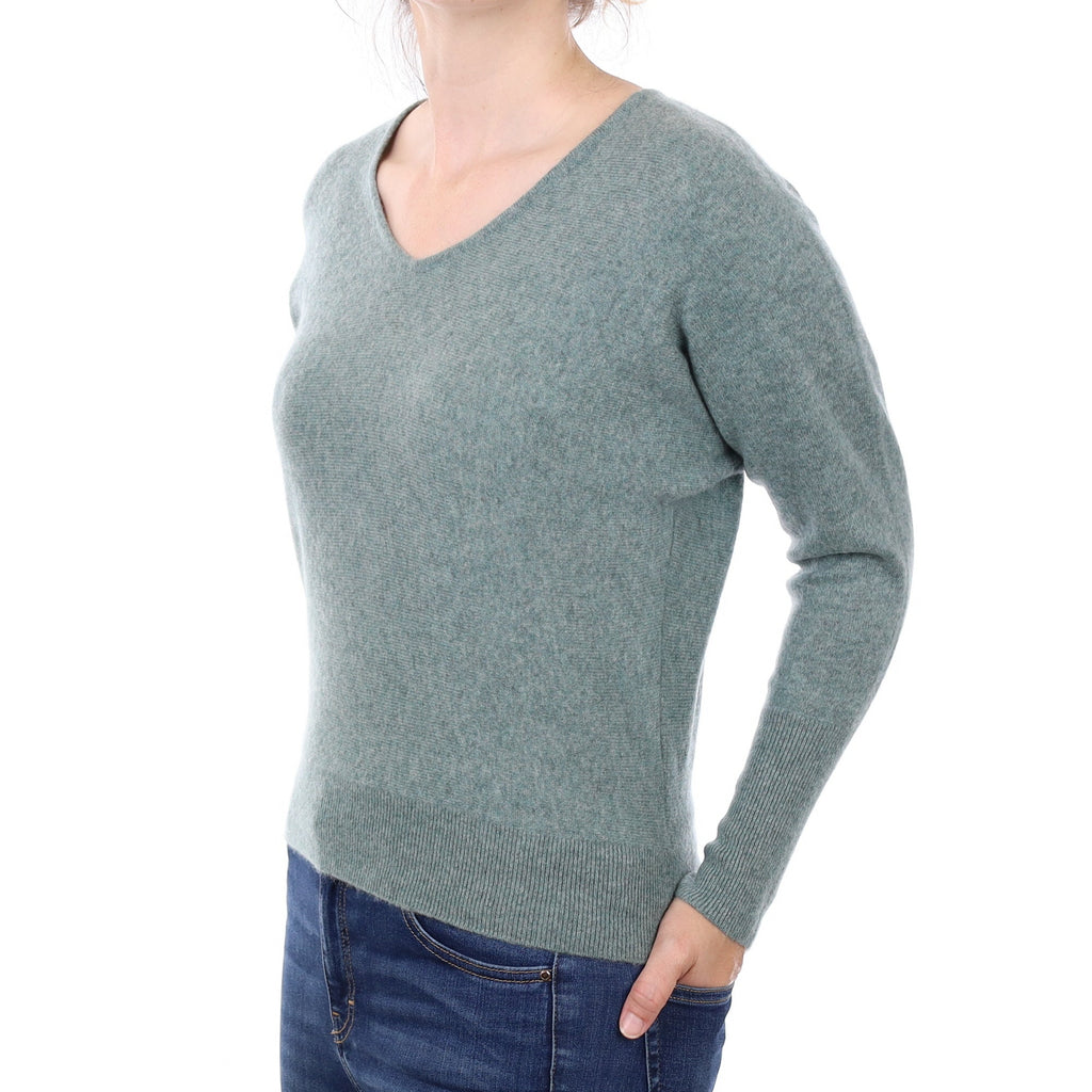 Everglade Green Cashmere Batwing V Neck Jumper Small