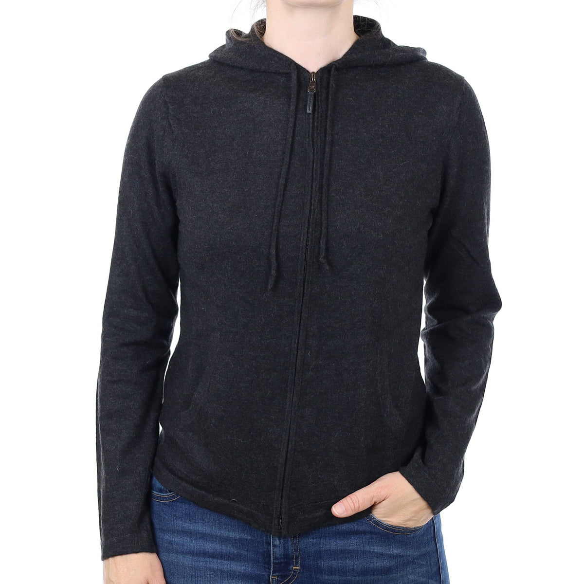 Charcoal Grey Fine Knit Cashmere Zip Up Hoodie Small