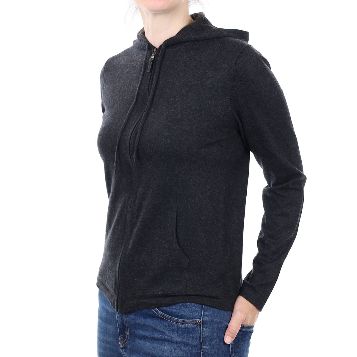 Charcoal Grey Fine Knit Cashmere Zip Up Hoodie Small