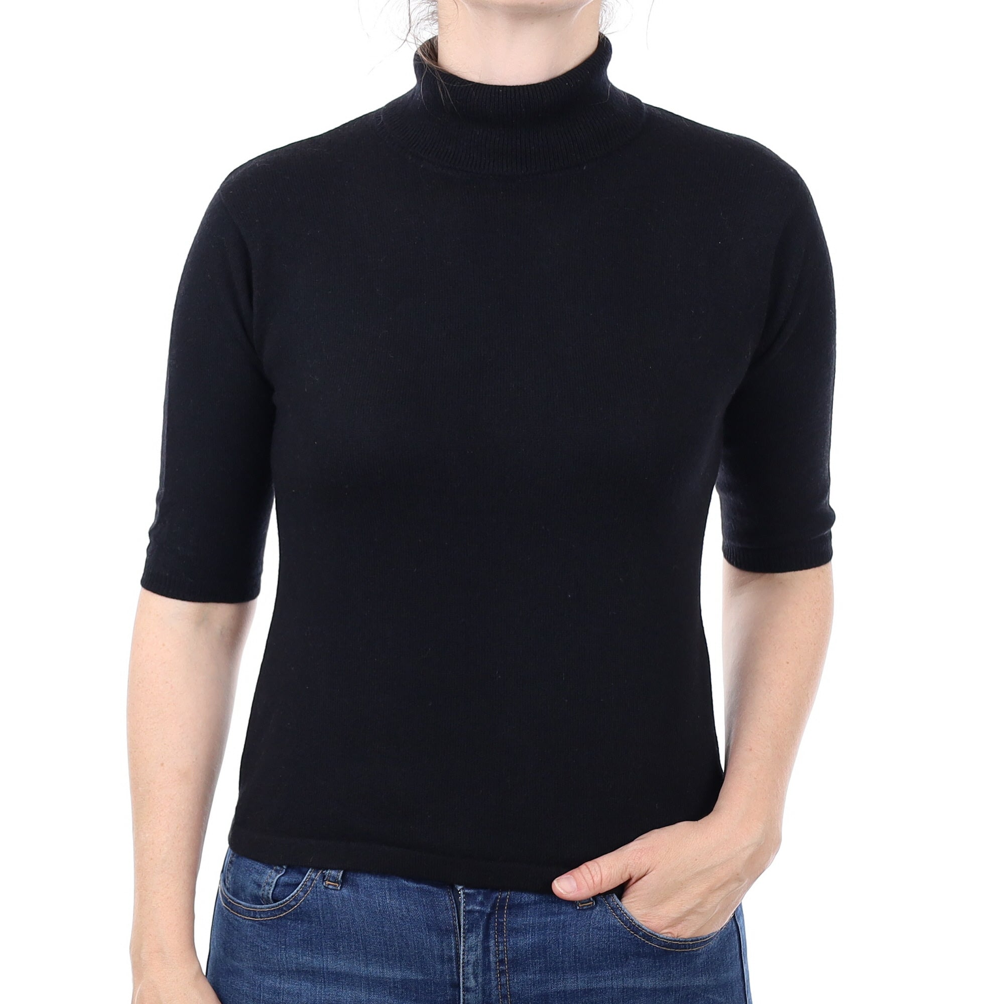 Black Cashmere Short Sleeve Polo Neck Jumper Small