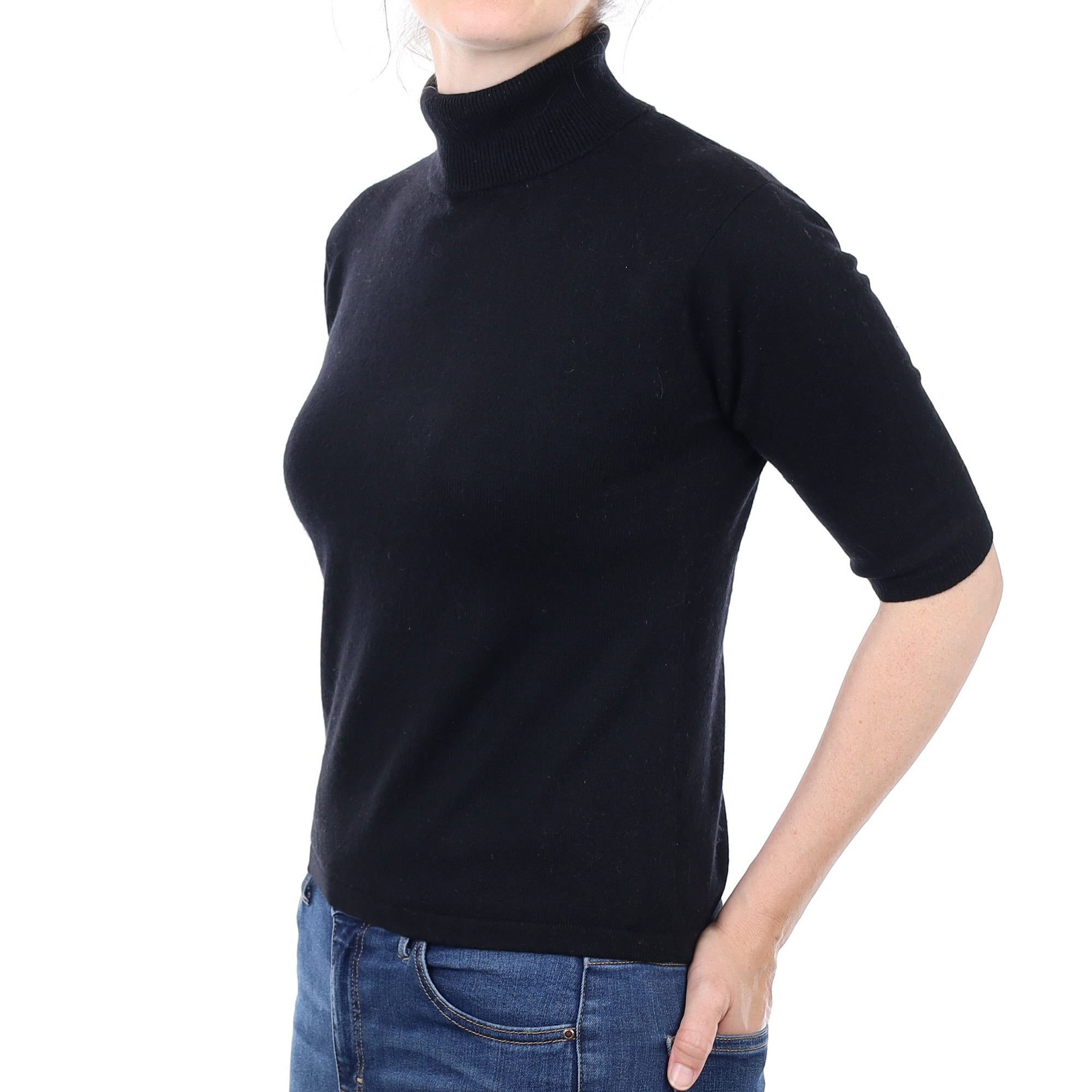 Black Cashmere Short Sleeve Polo Neck Jumper Small