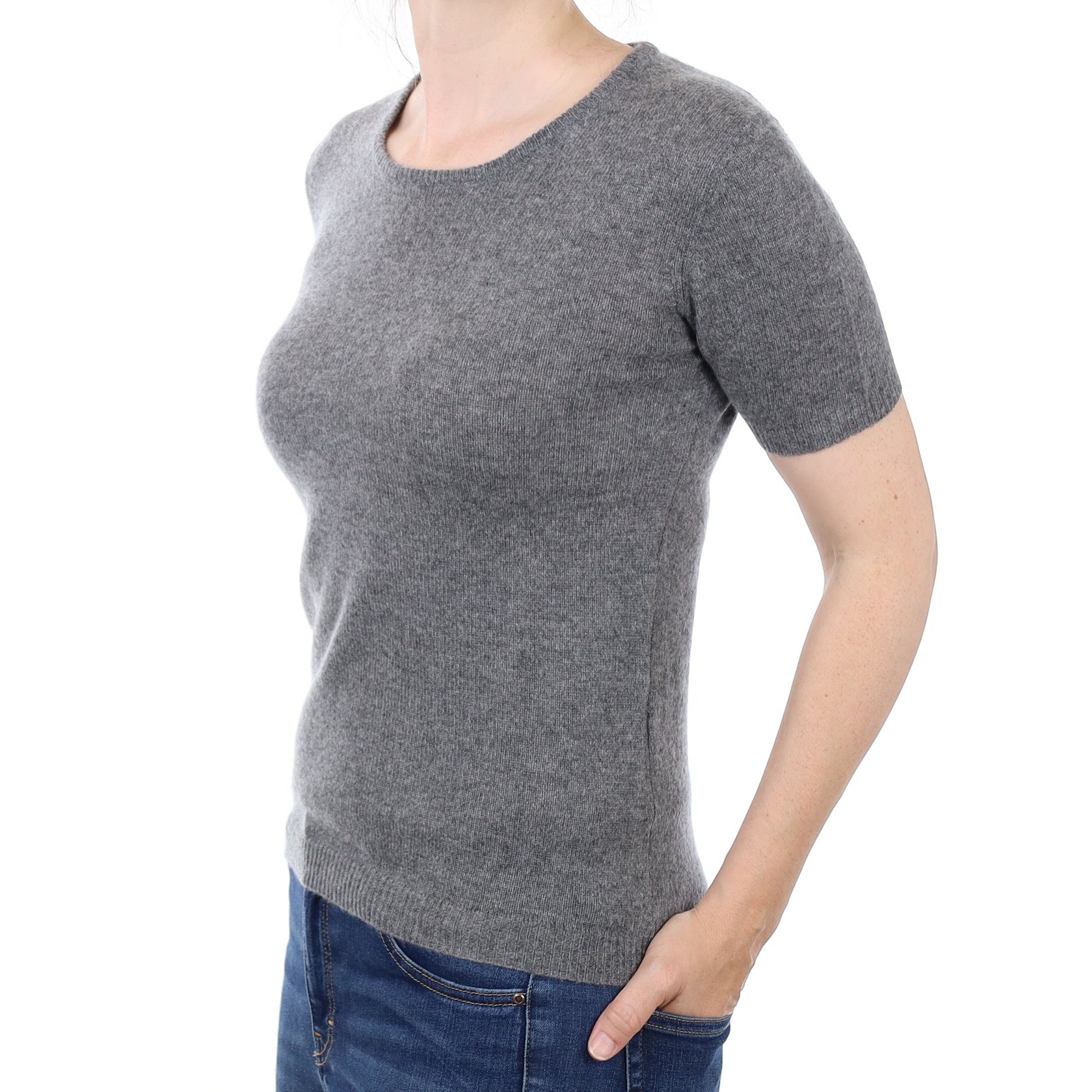 Ash Grey Cashmere Short Sleeve Crew Neck Jumper Small