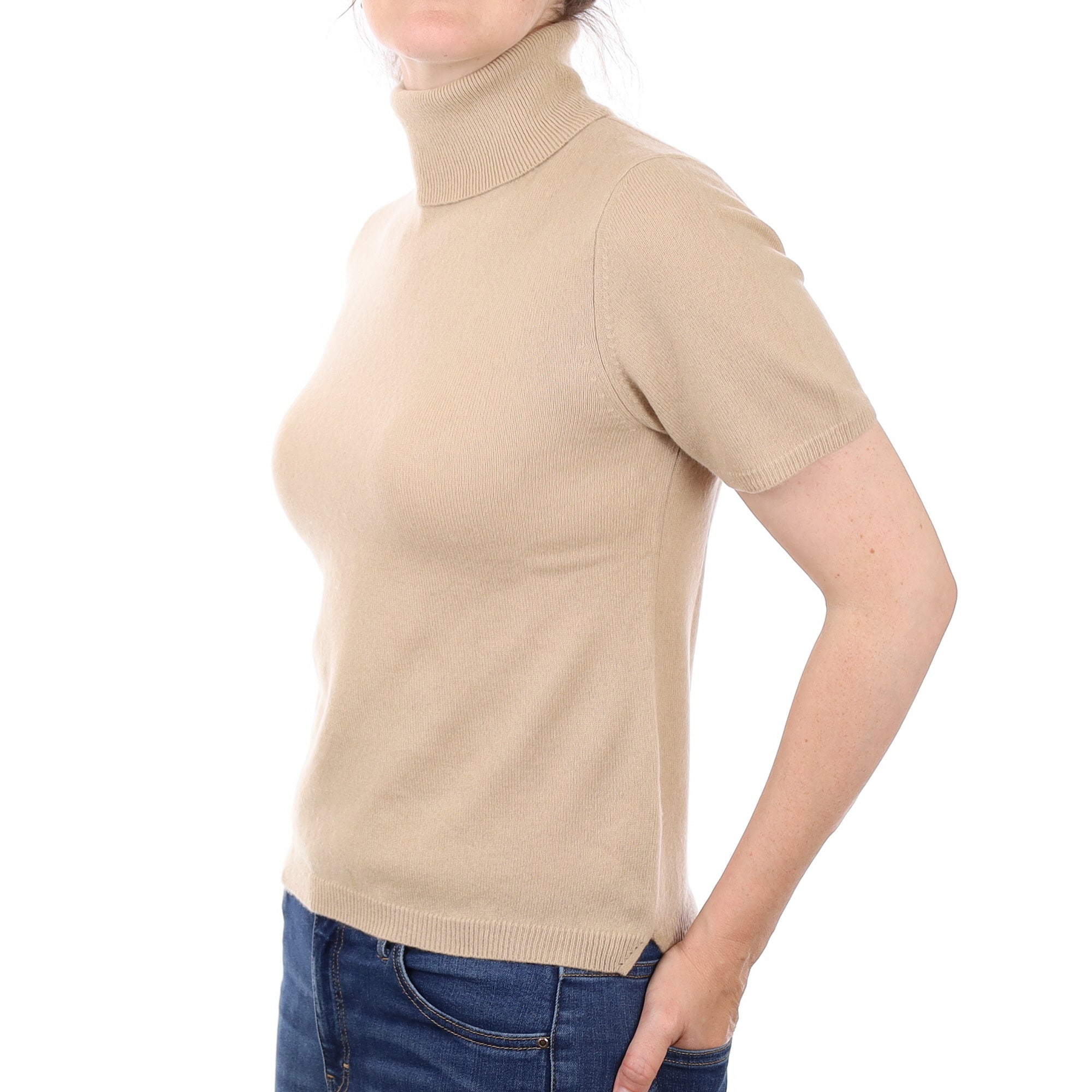 Sand Cashmere Short Sleeve Polo Neck Jumper Small