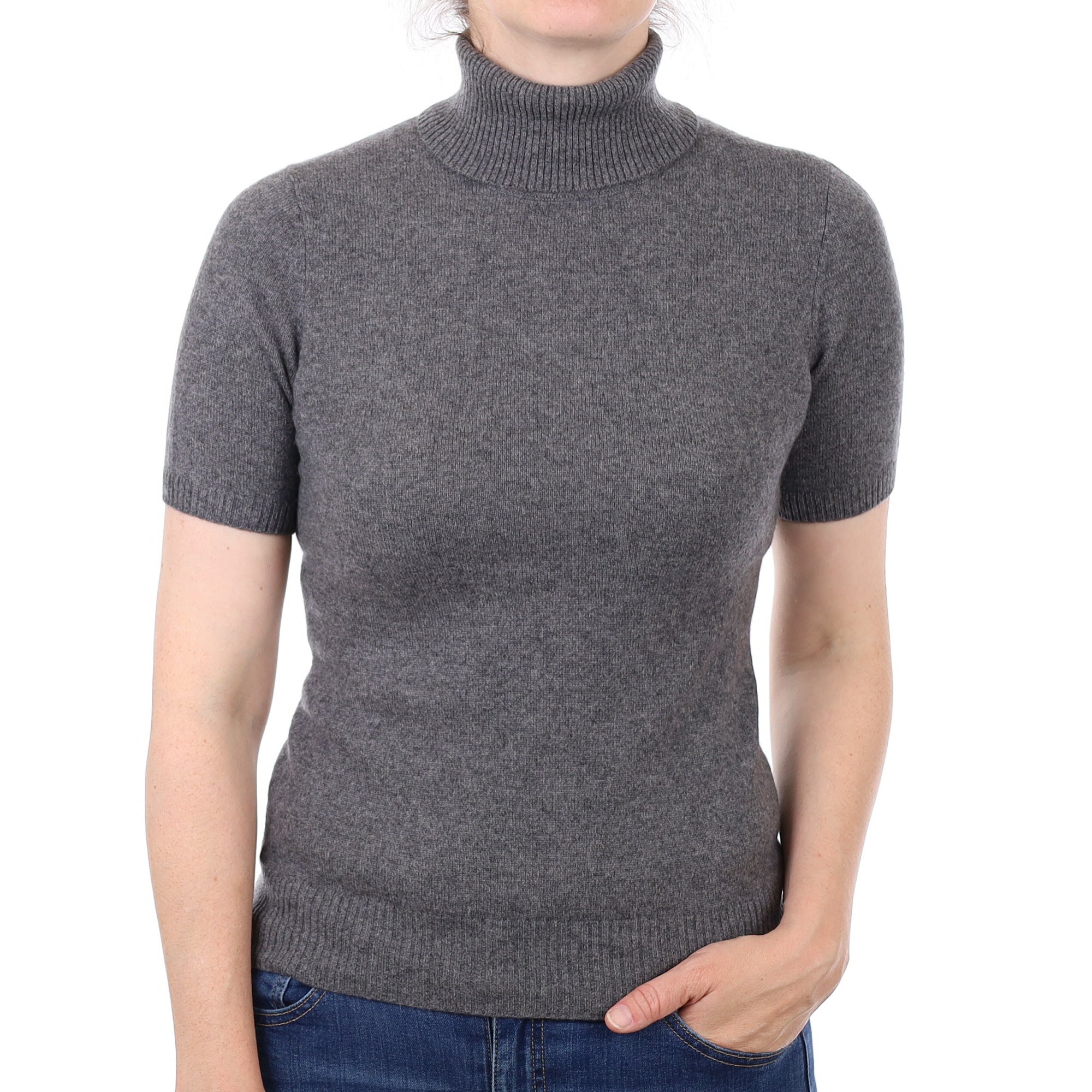 Slate Grey Cashmere Polo Neck Short Sleeved Jumper Small