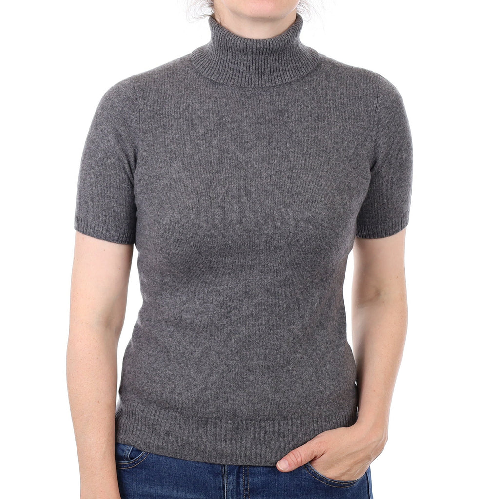 Slate Grey Cashmere Polo Neck Short Sleeved Jumper Small