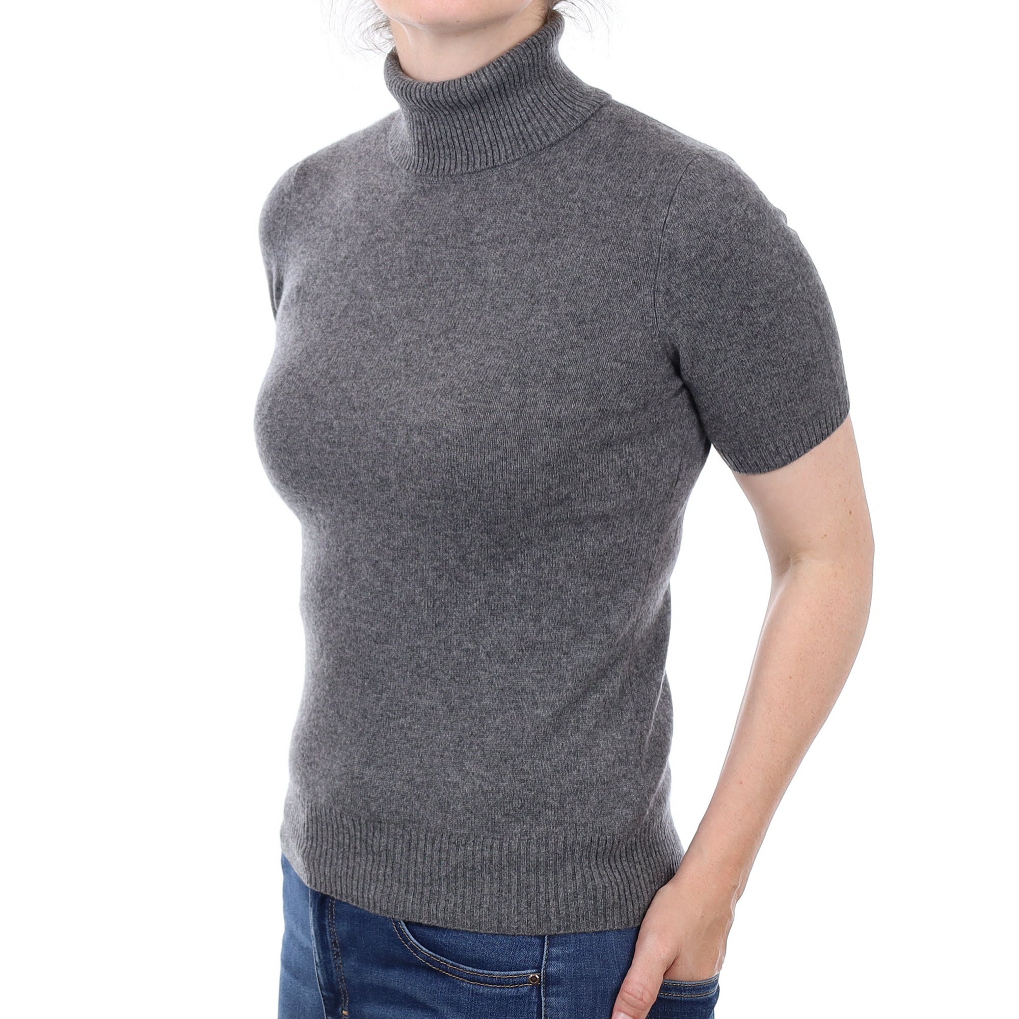 Slate Grey Cashmere Polo Neck Short Sleeved Jumper Small