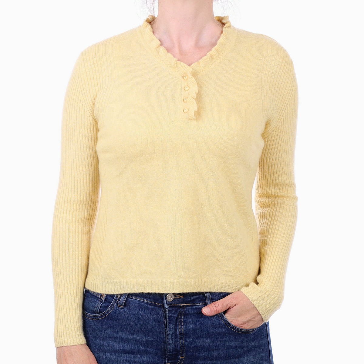 Primrose Yellow Cashmere V Neck Ruffle Jumper Small