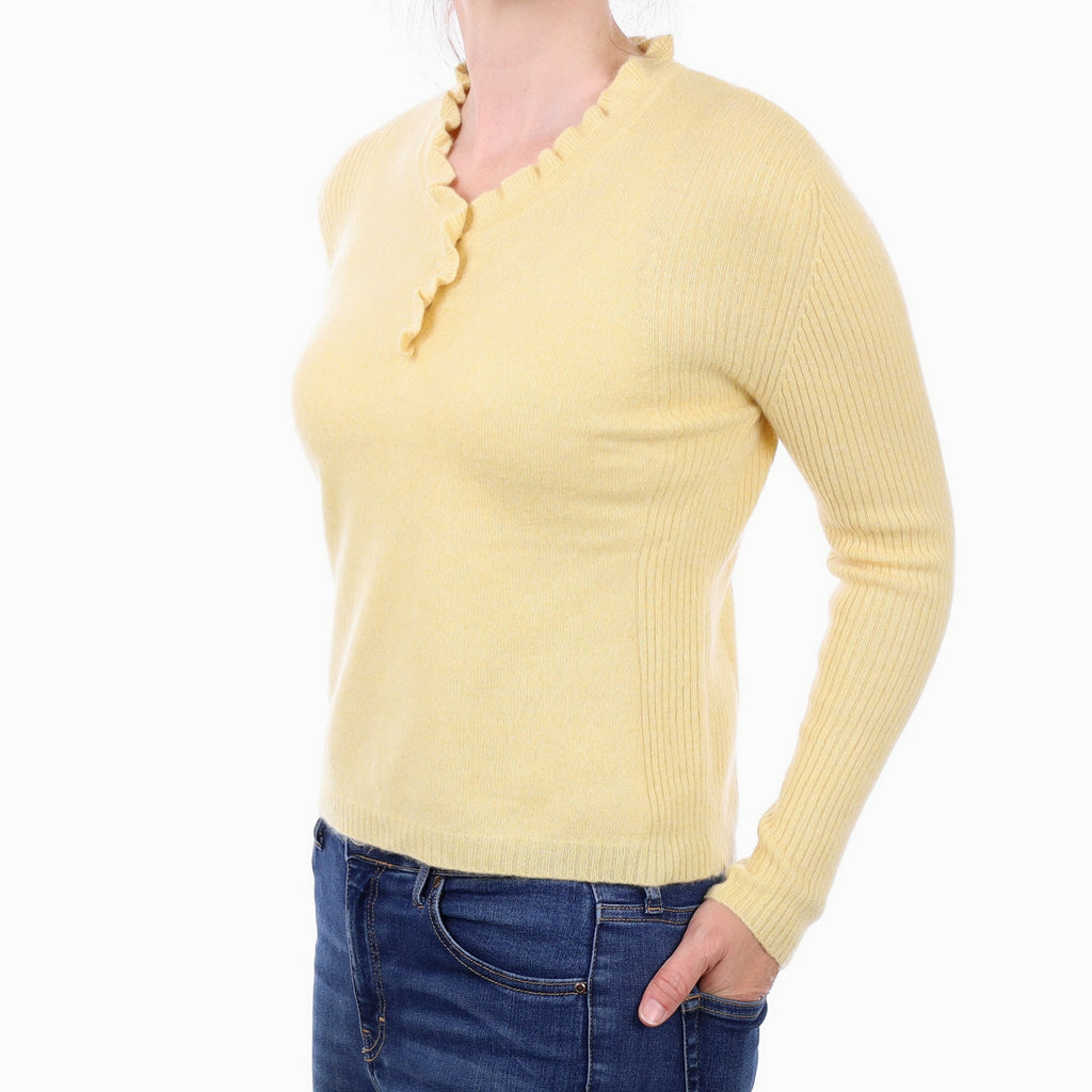 Primrose Yellow Cashmere V Neck Ruffle Jumper Small
