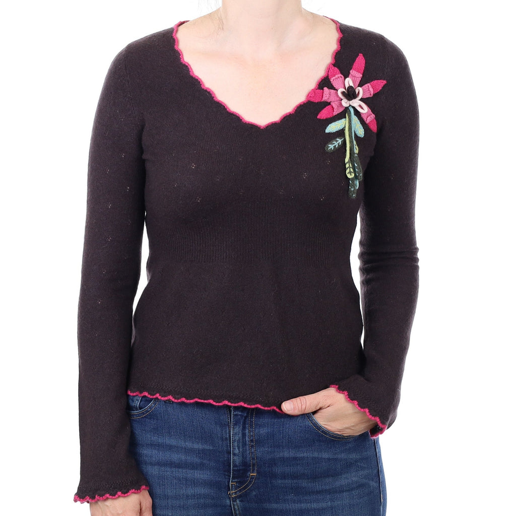 Chocolate Rosette Cashmere V Neck Jumper Small