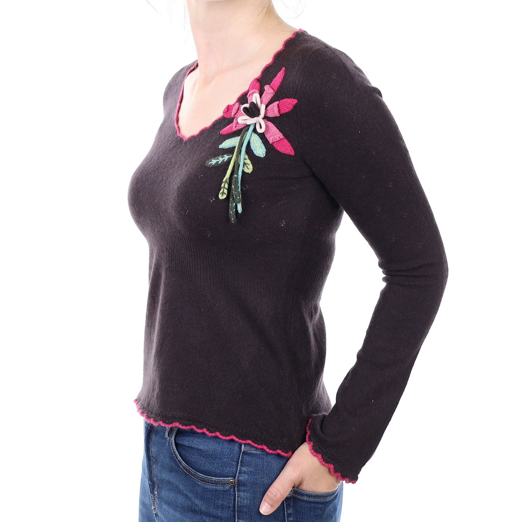 Chocolate Rosette Cashmere V Neck Jumper Small