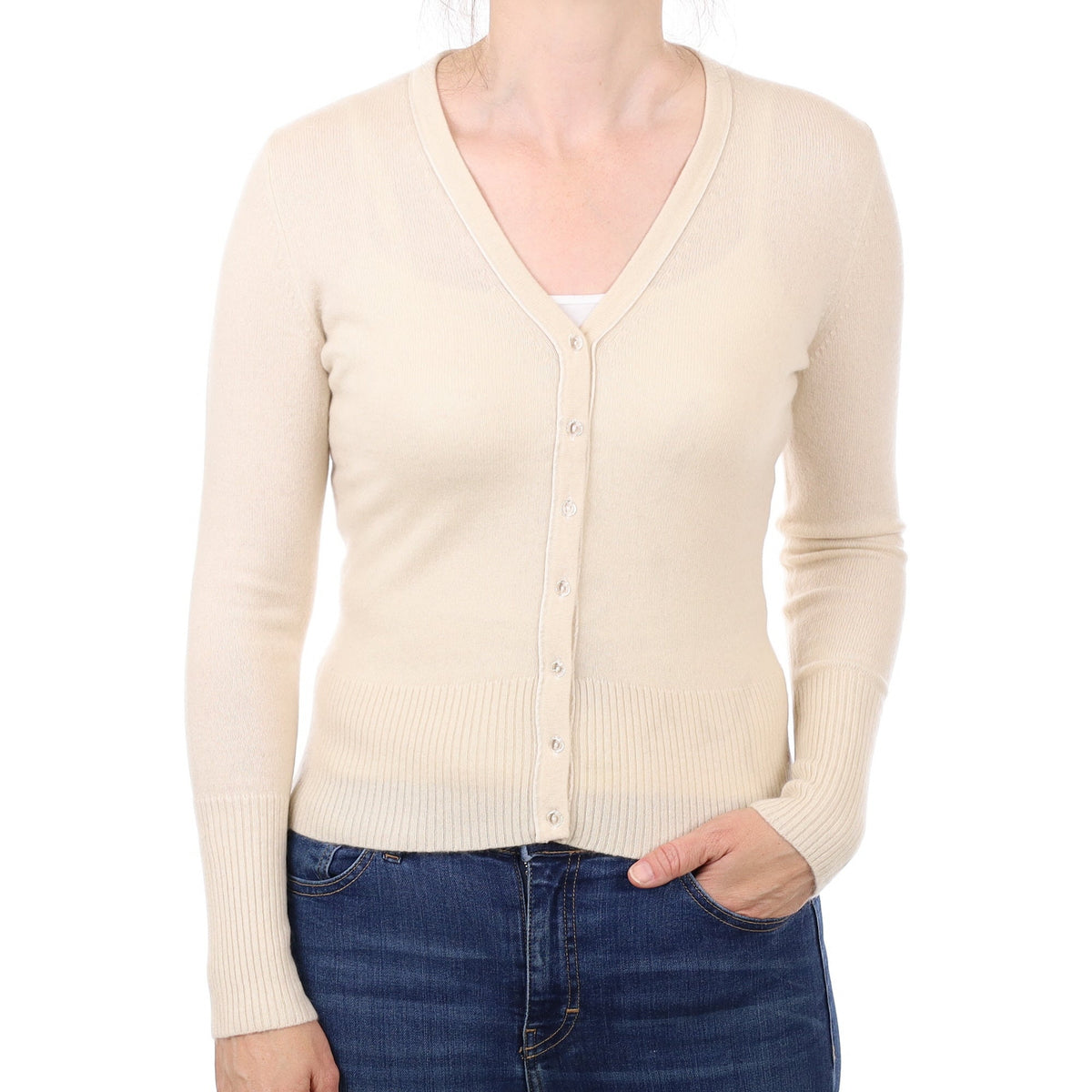 Antique White Cashmere V Neck Cardigan Small