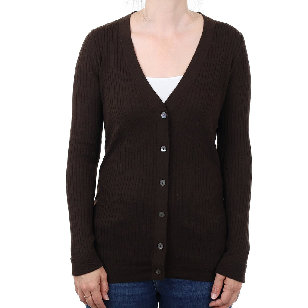 Vince Chocolate Brown Ribbed Longline Cashmere V Neck Cardigan Small