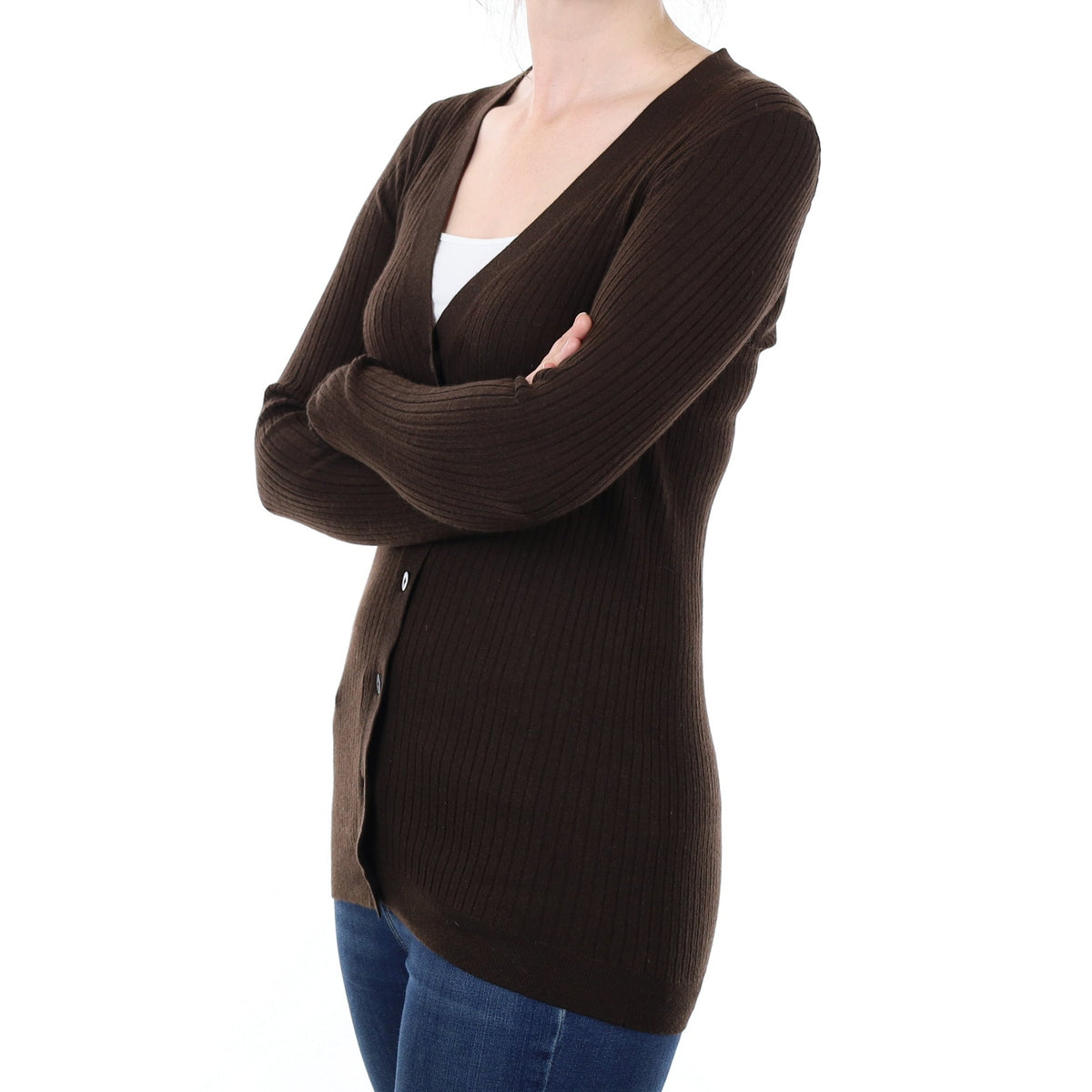 Vince Chocolate Brown Ribbed Longline Cashmere V Neck Cardigan Small