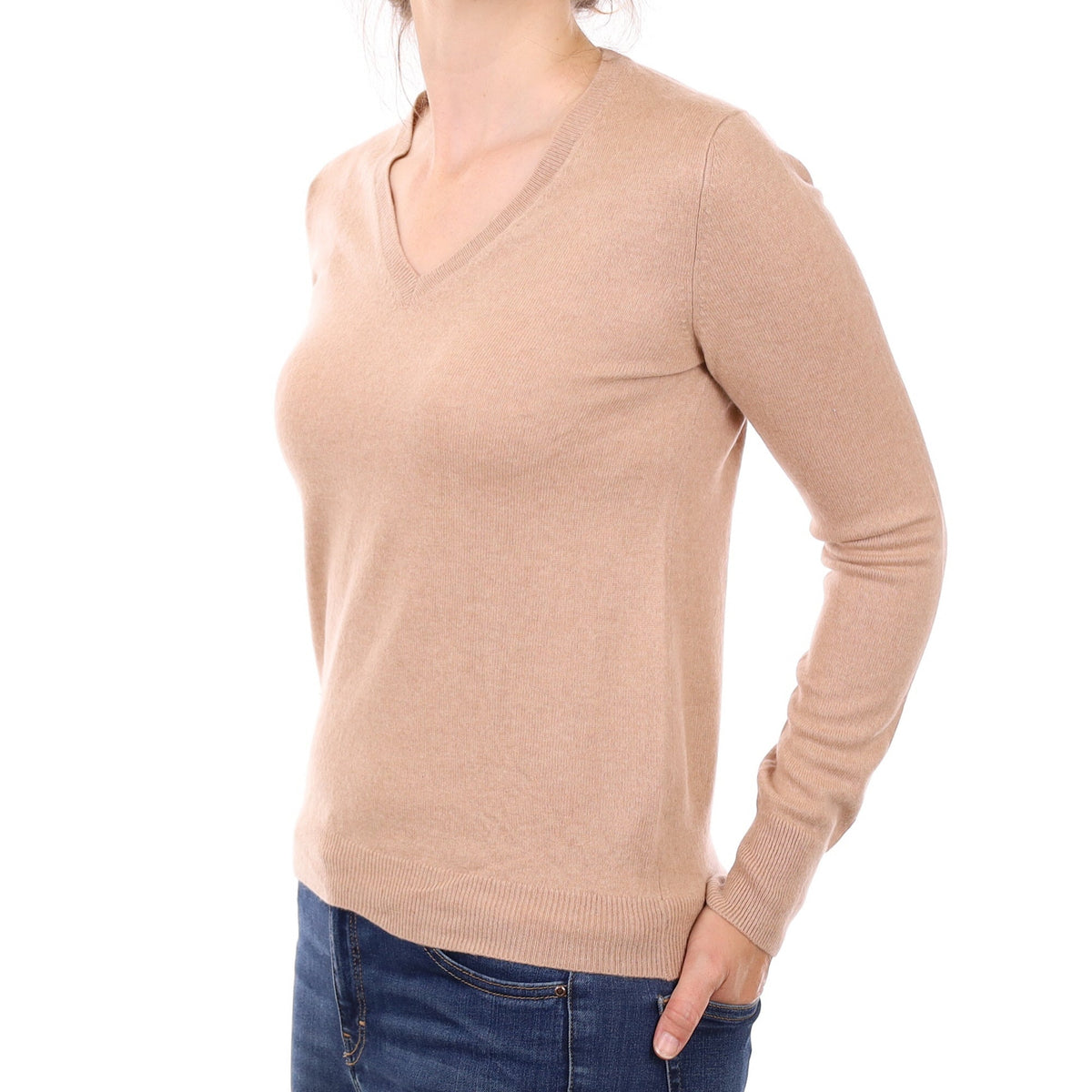 Nude Beige Cashmere V Neck Jumper Small