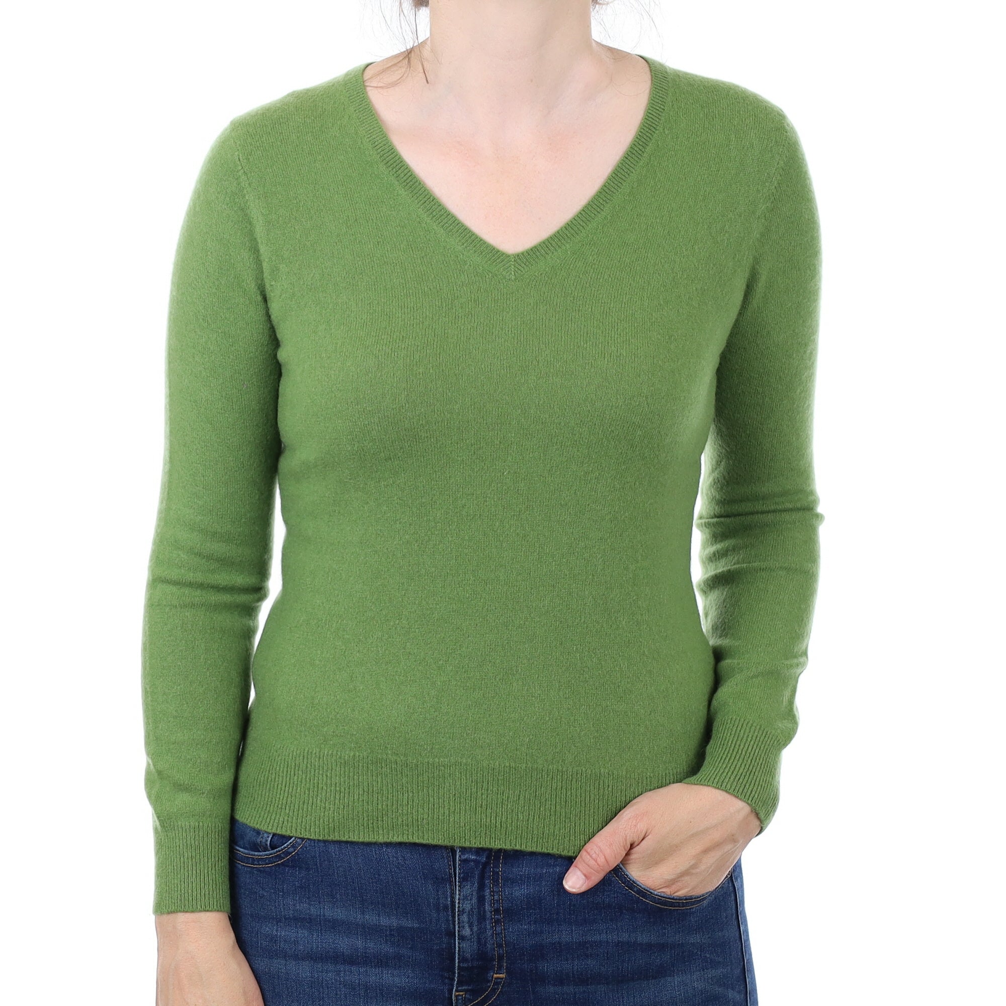 Pear Green Cashmere V Neck Jumper Small