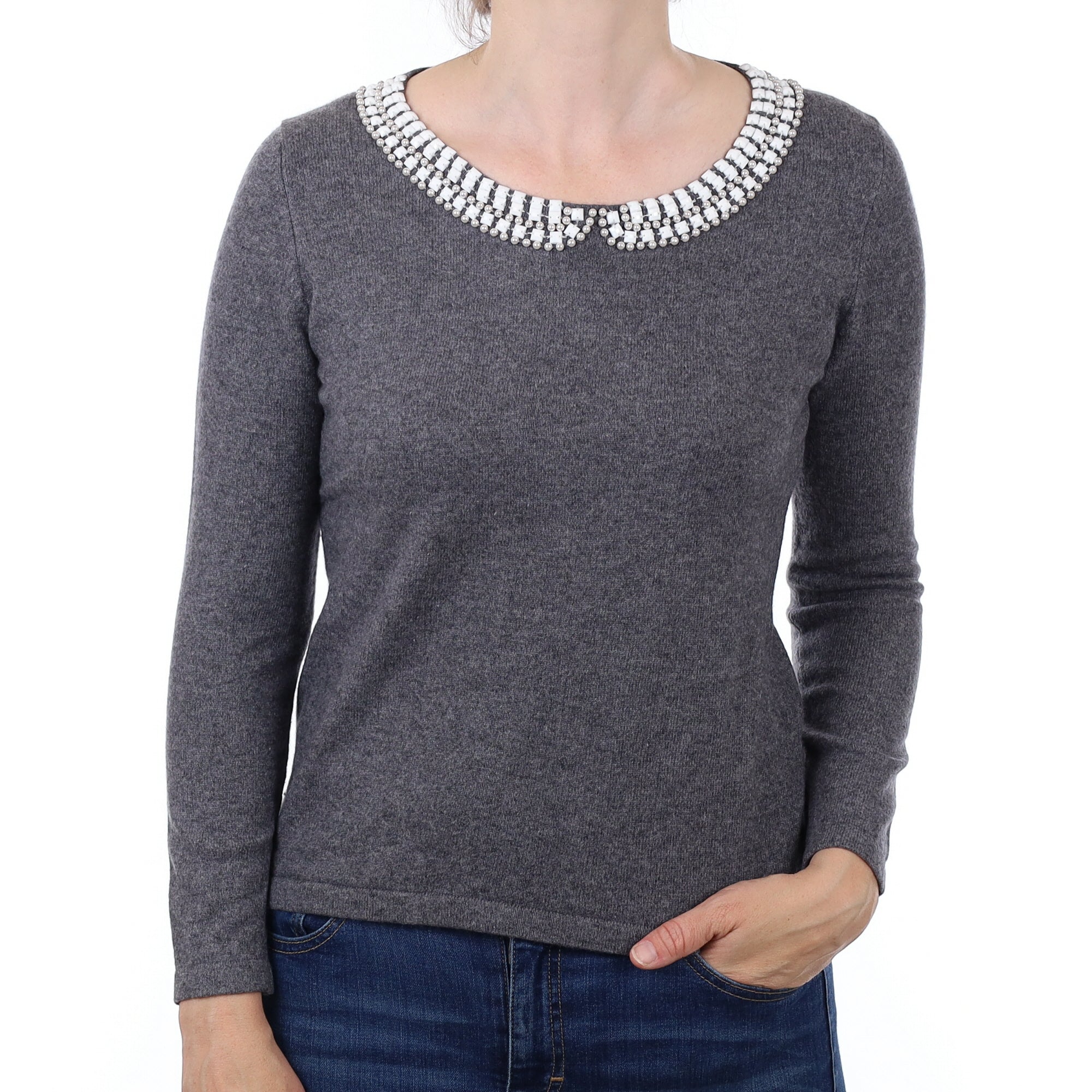 Slate Grey Embellished Cashmere Crew Neck Jumper Small