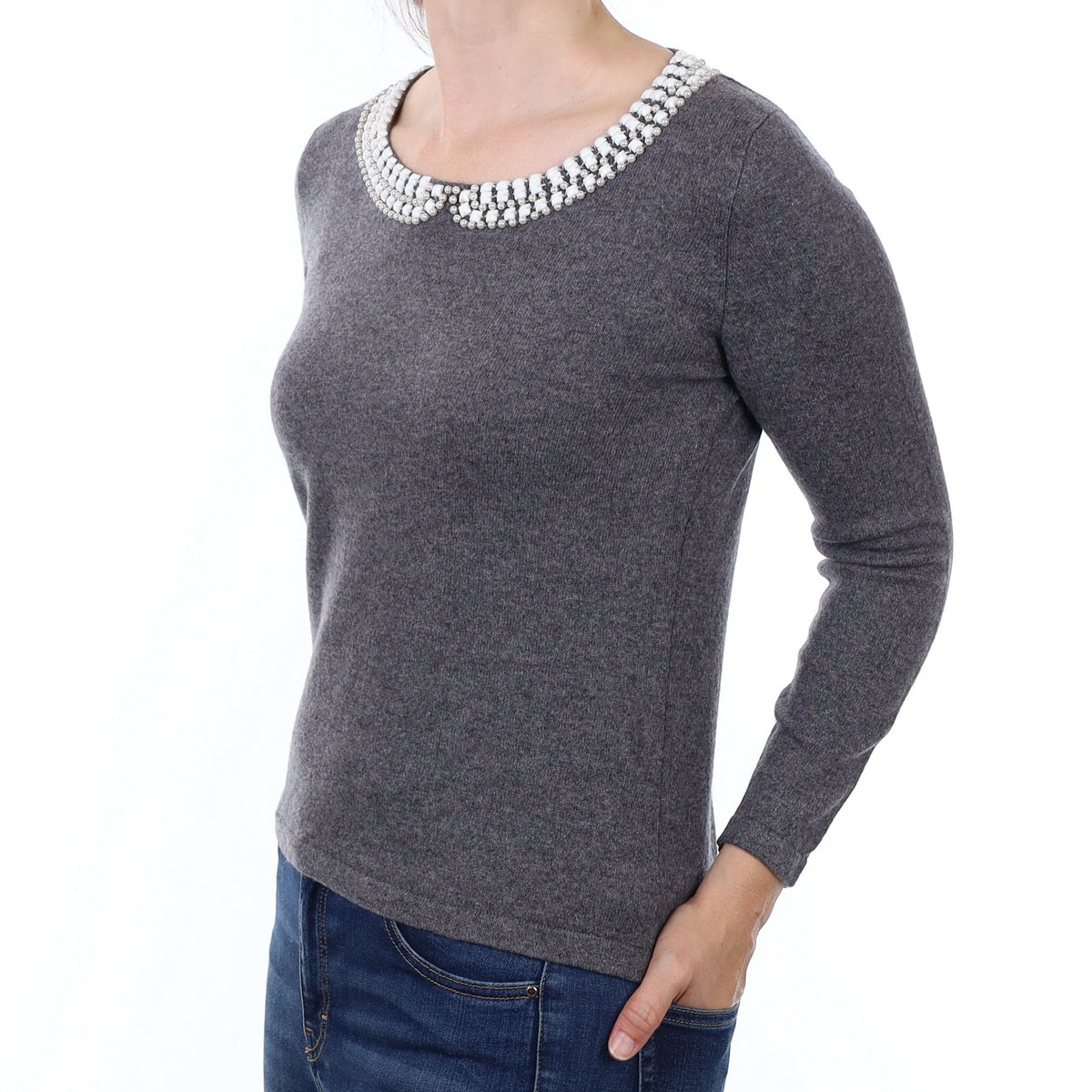 Slate Grey Embellished Cashmere Crew Neck Jumper Small