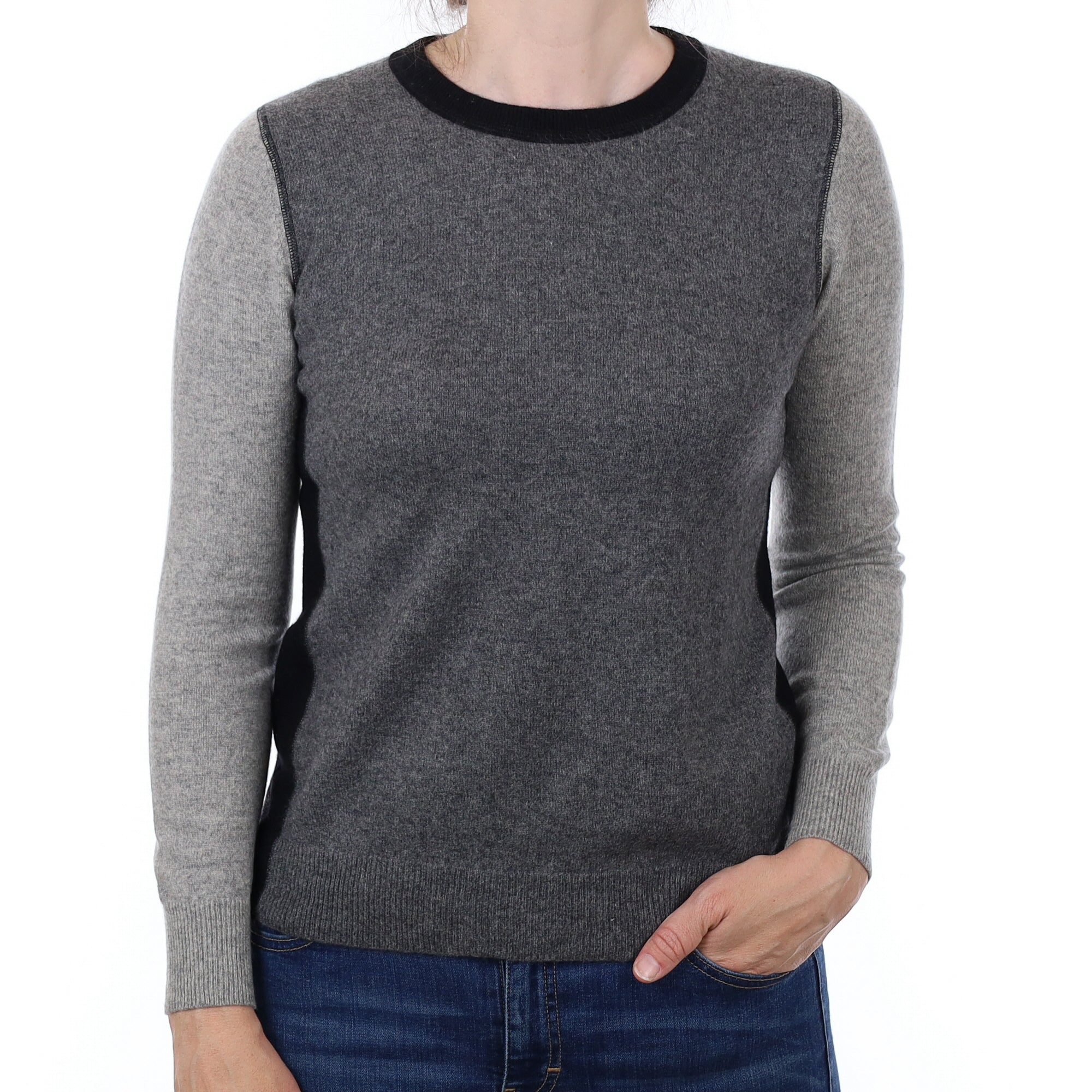 Grey and Black Cashmere Crew Neck Jumper Small