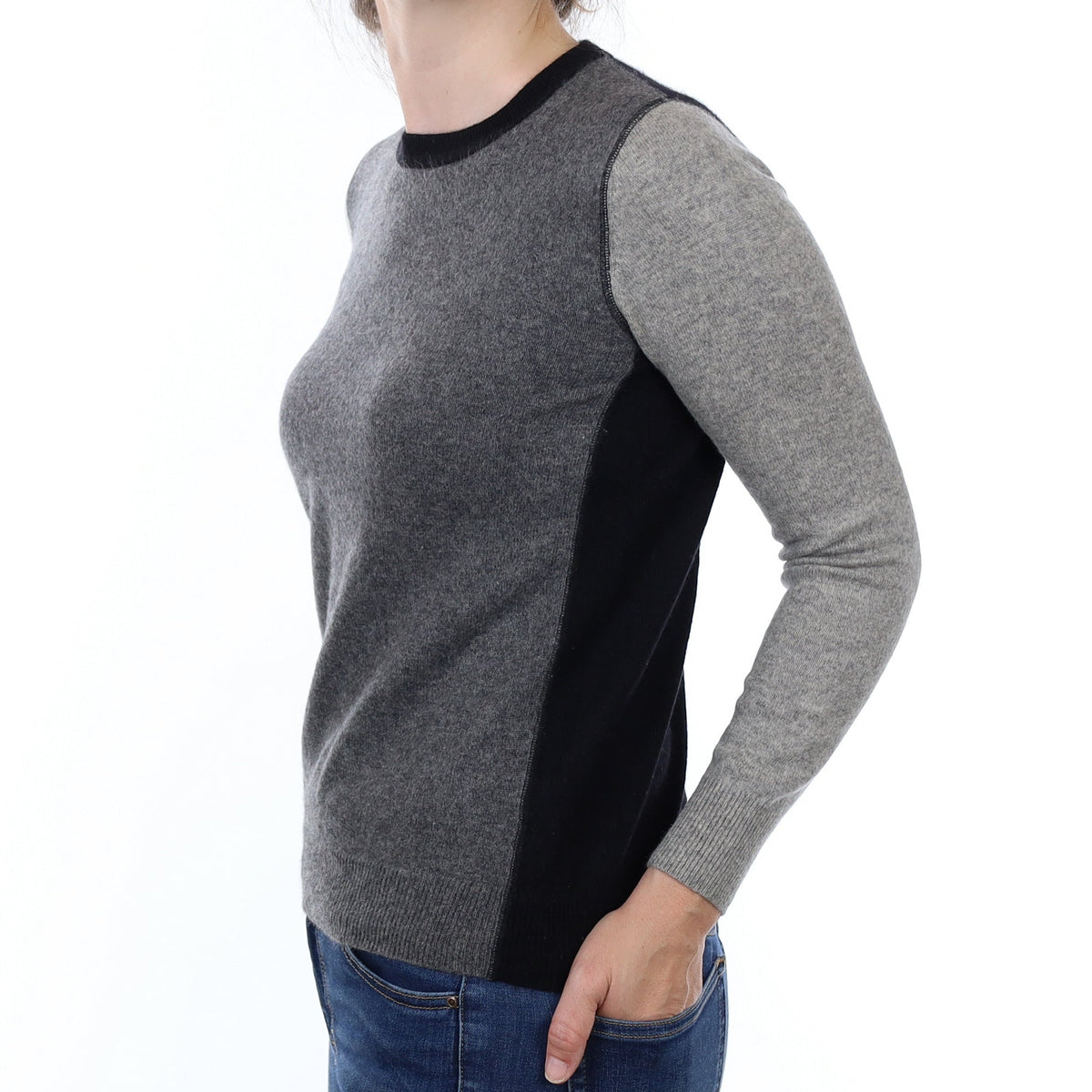 Grey and Black Cashmere Crew Neck Jumper Small
