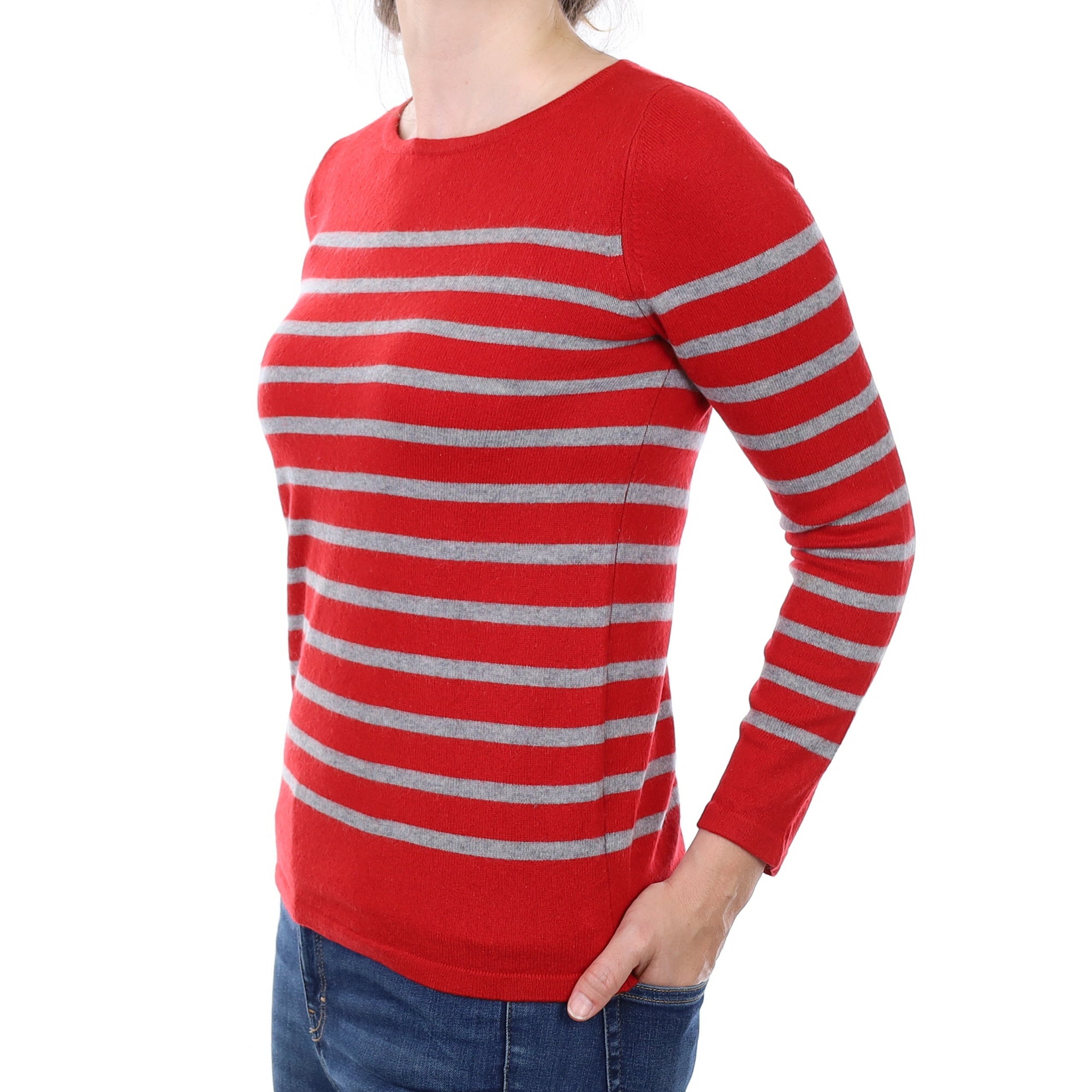 Red and Grey Stripe Cashmere Crew Neck Jumper Small