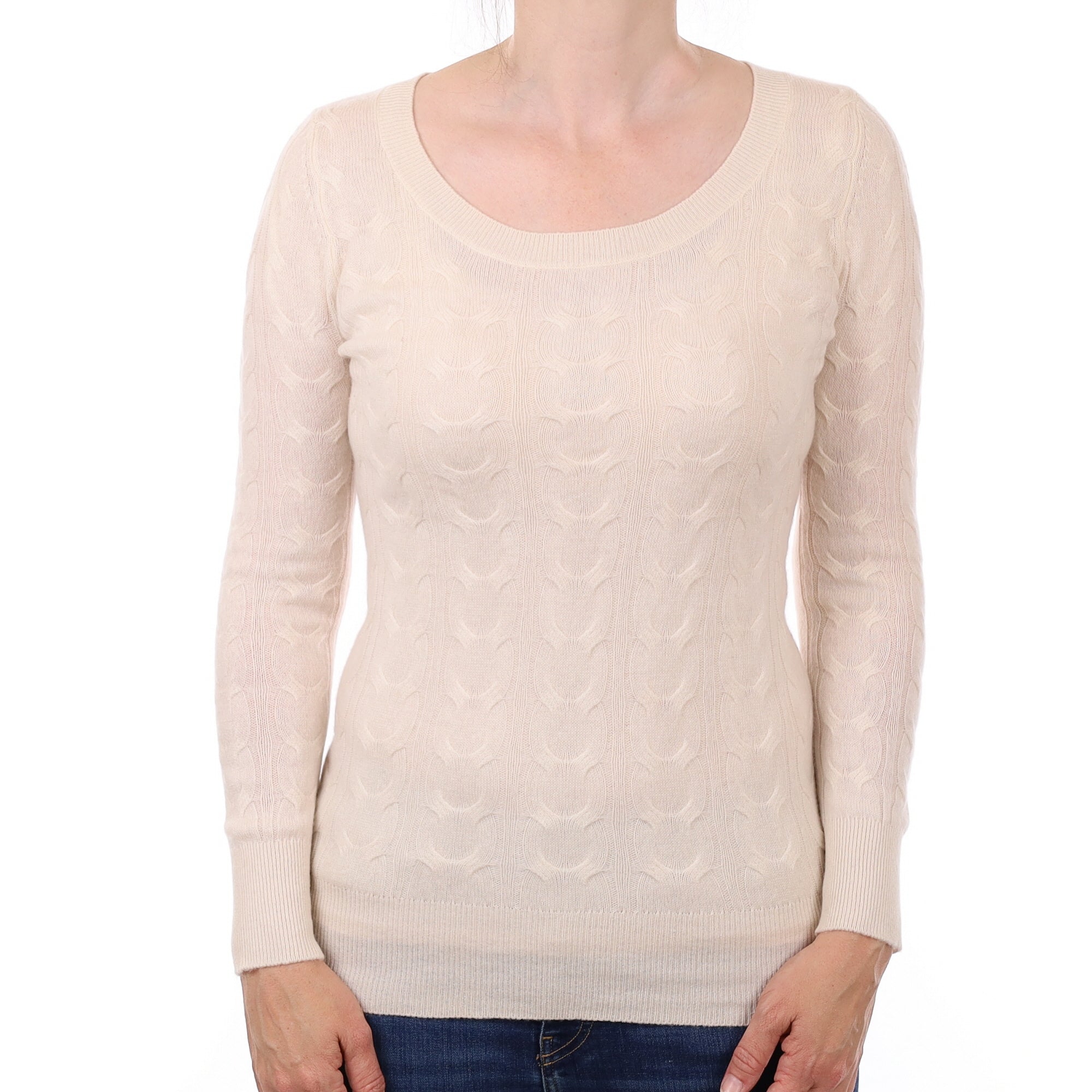 Ivory Cable Cashmere Scoop Neck Jumper Small