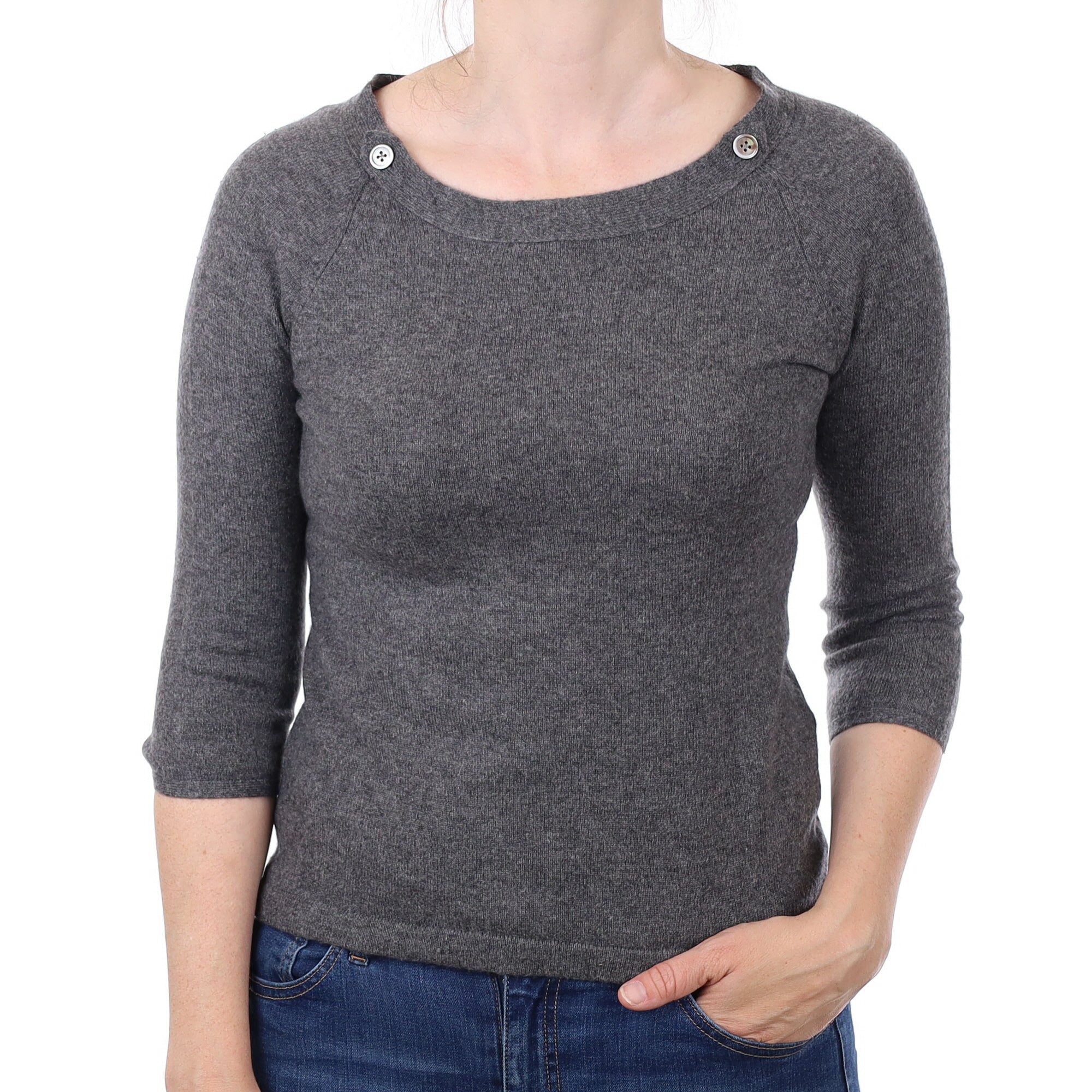 Slate Grey Cashmere Buttoned Boat Neck Jumper Small