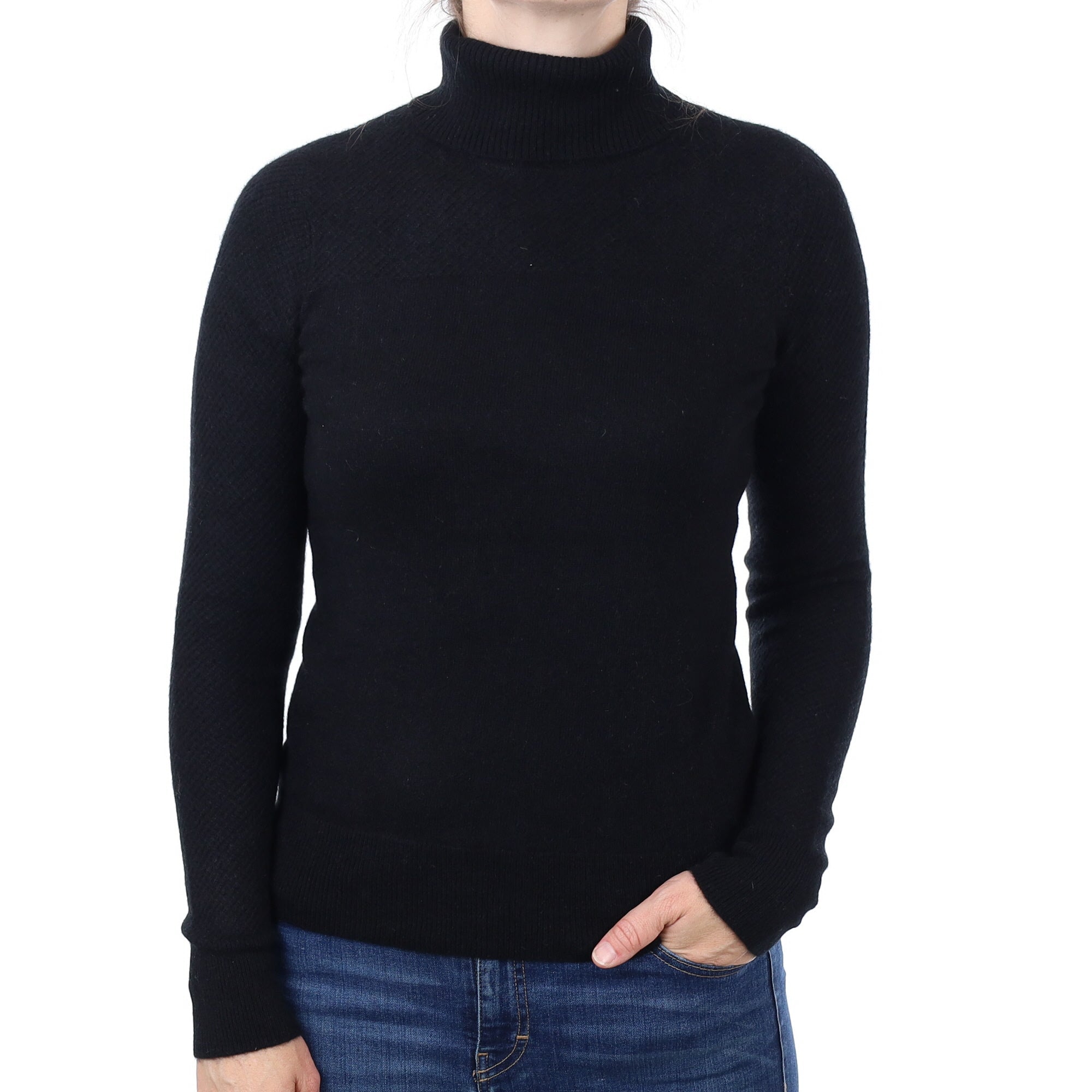 Black Waffle Detail Cashmere Polo Neck Jumper Small
