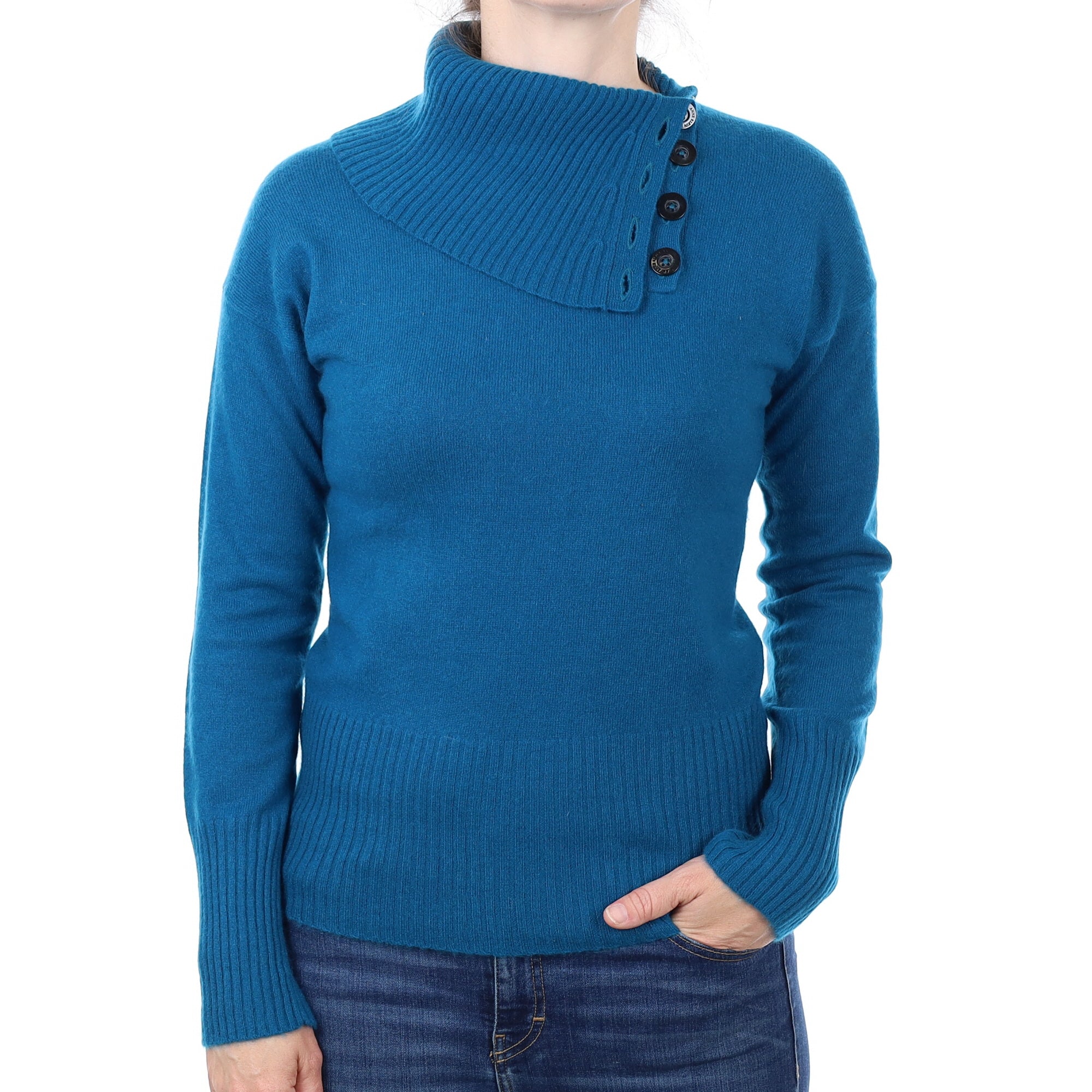 Deep Turquoise Cashmere Buttoned Polo Neck Jumper Small