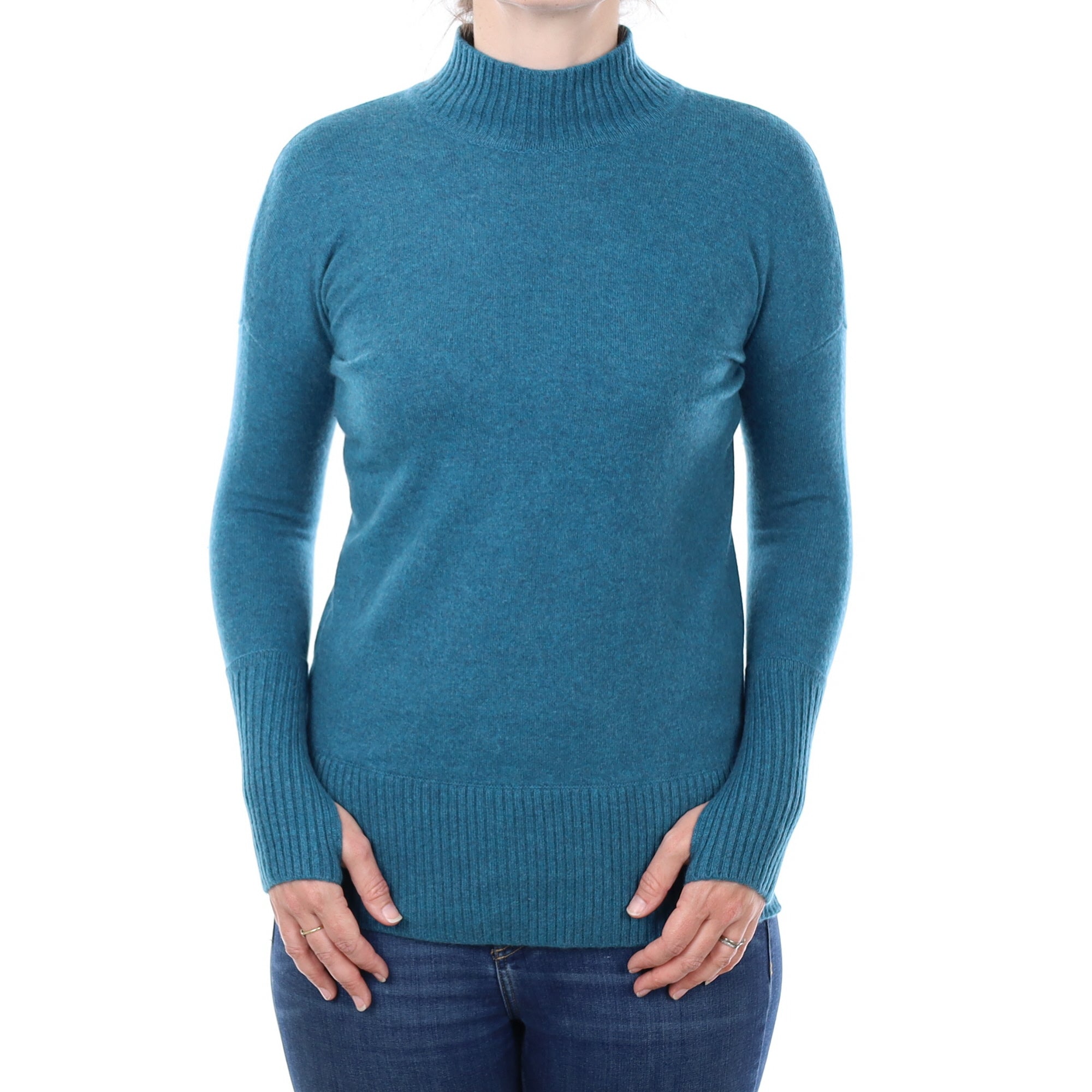 Teal Blue Cashmere Longline Turtleneck Jumper Small