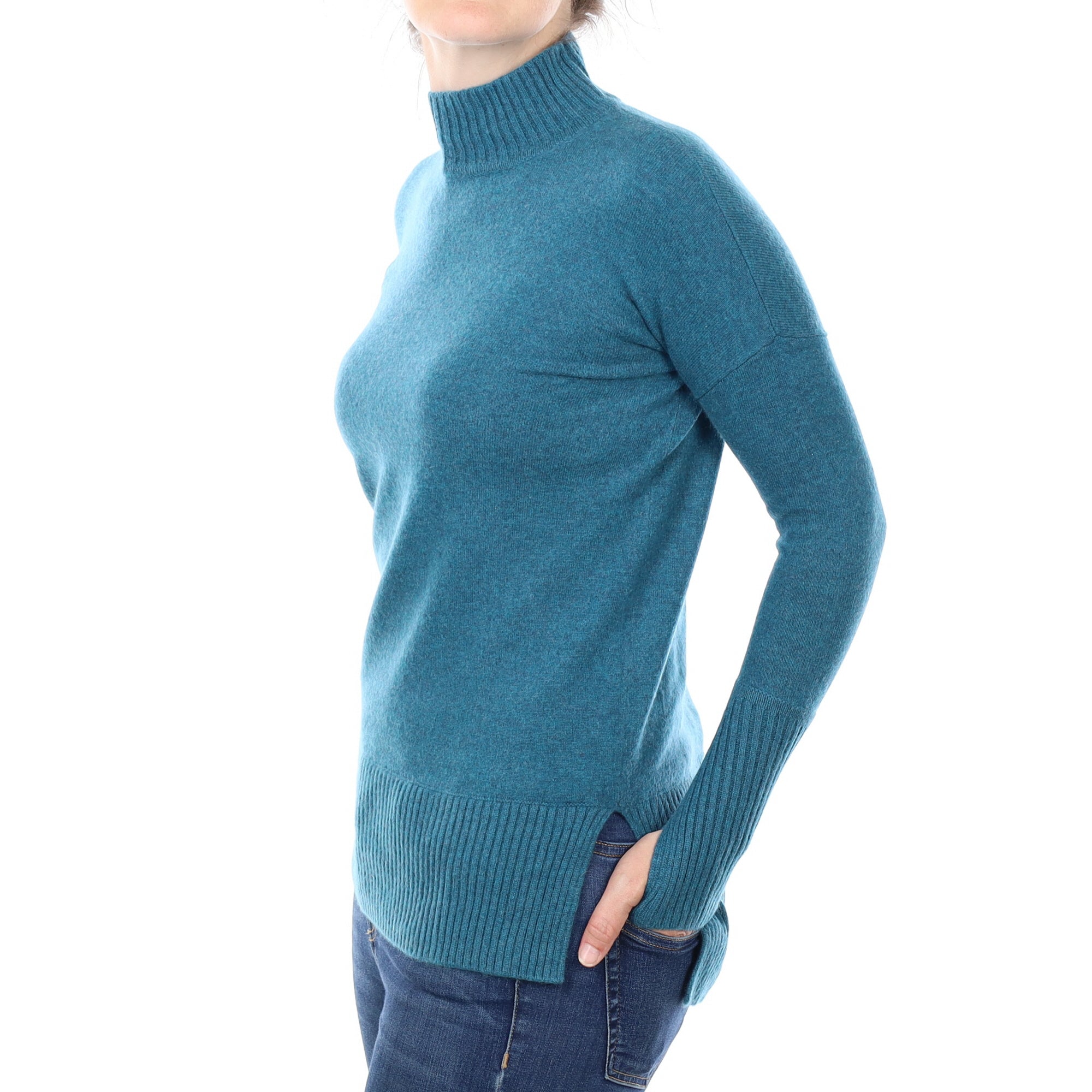 Teal Blue Cashmere Longline Turtleneck Jumper Small