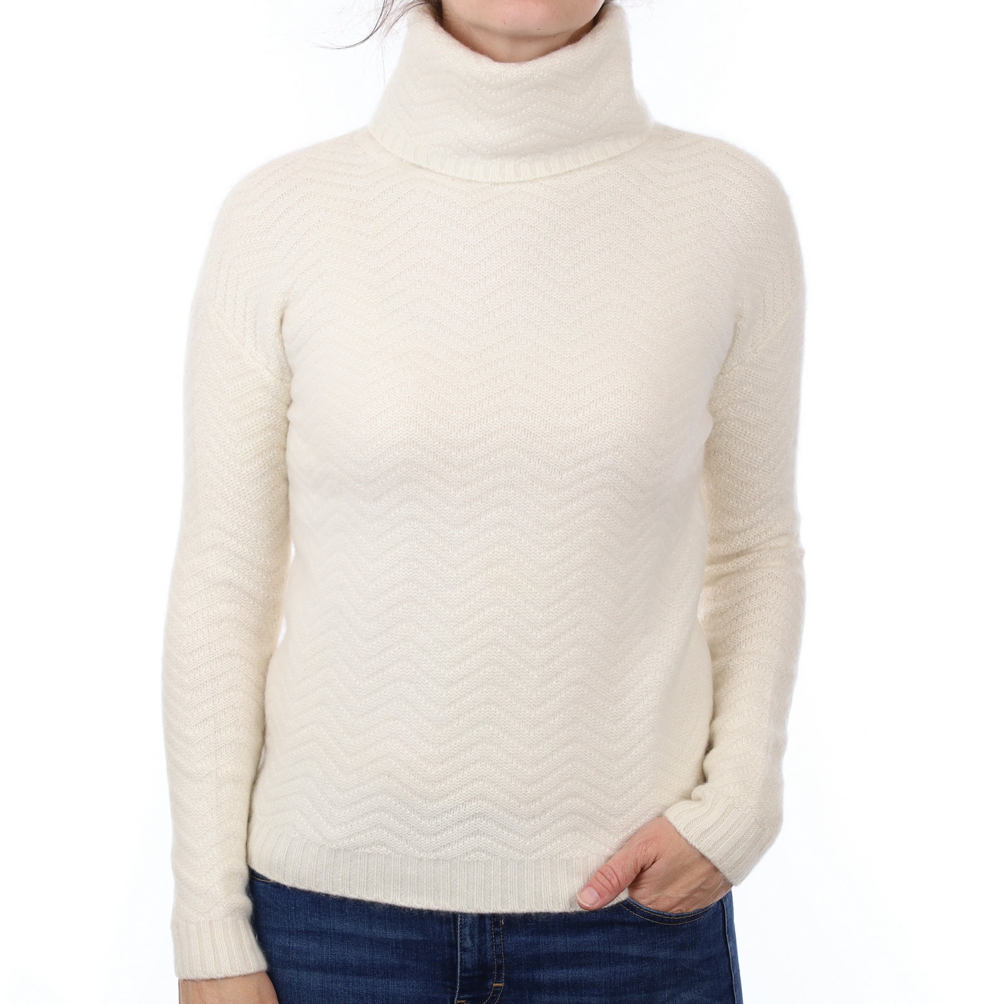 Winter White Textured Cashmere Polo Neck Jumper Small
