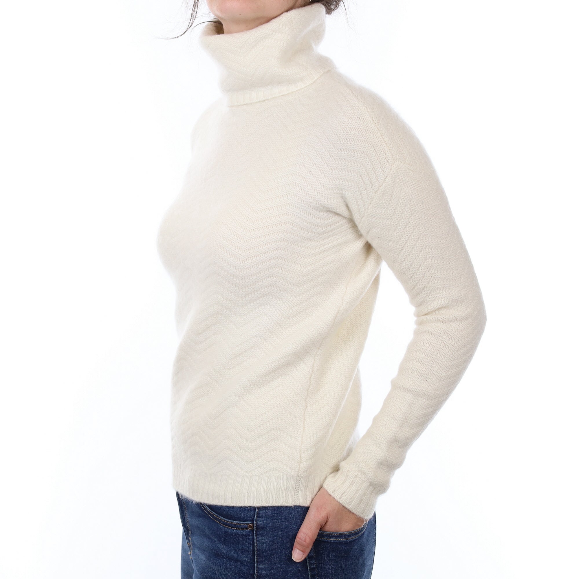 Winter White Textured Cashmere Polo Neck Jumper Small