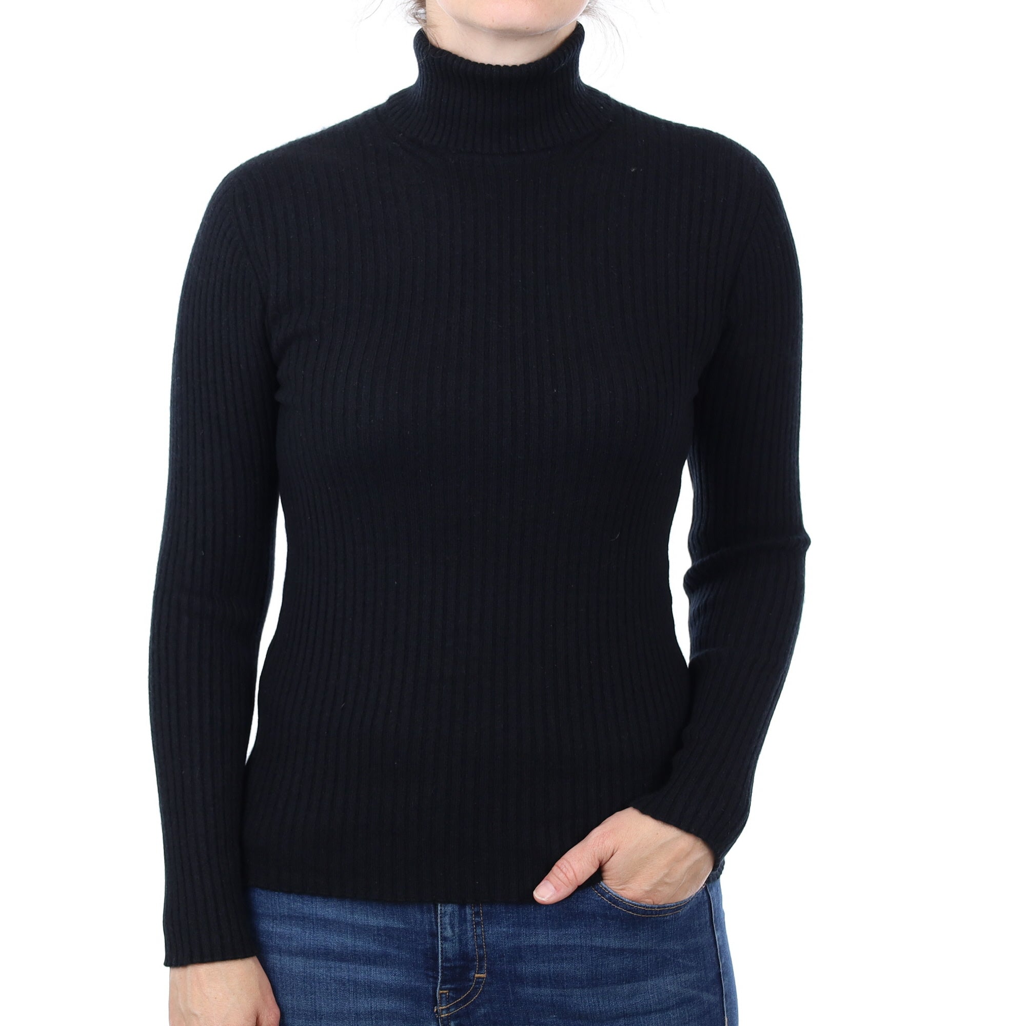 Brora Black Rib Cashmere Polo Neck Jumper Small