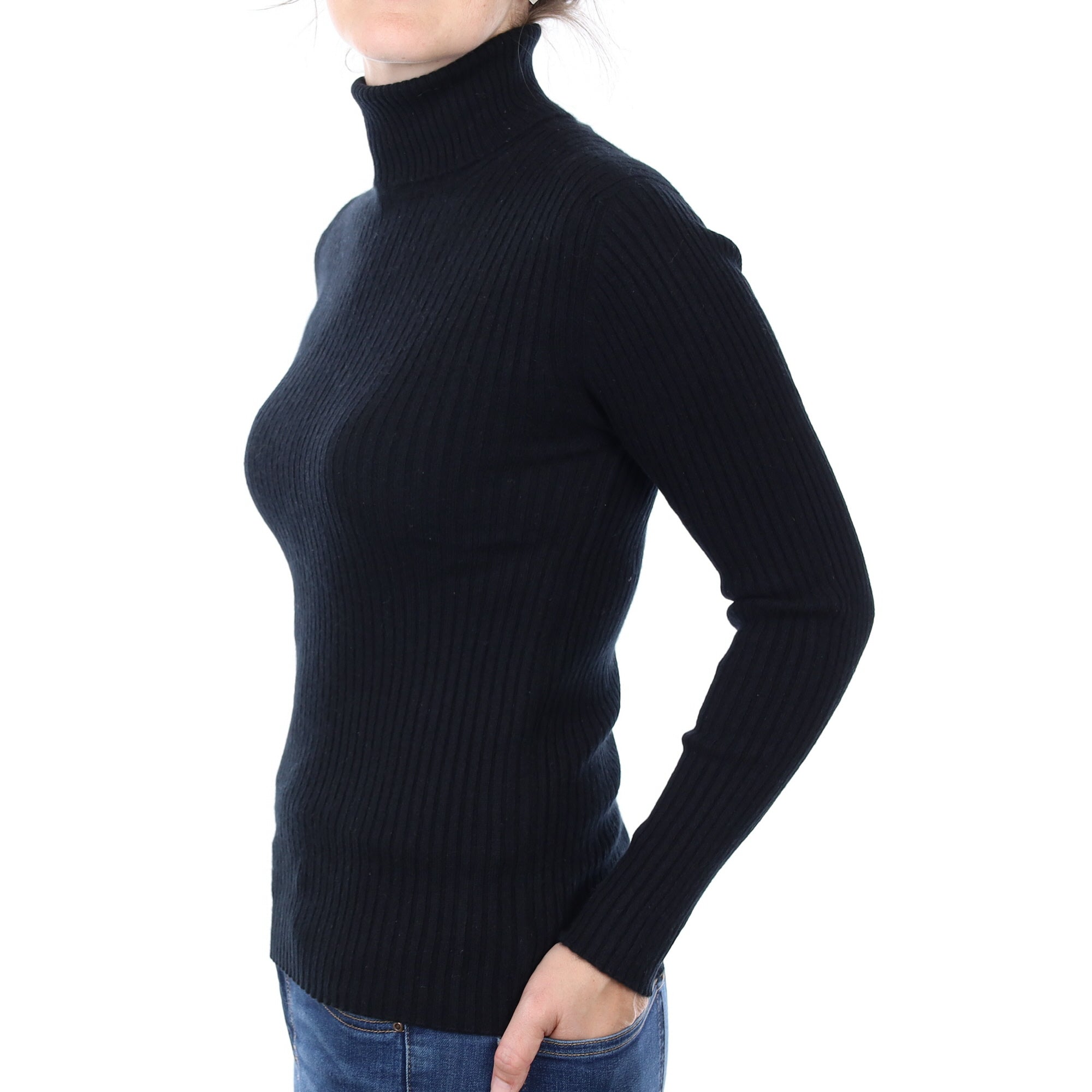 Brora Black Rib Cashmere Polo Neck Jumper Small