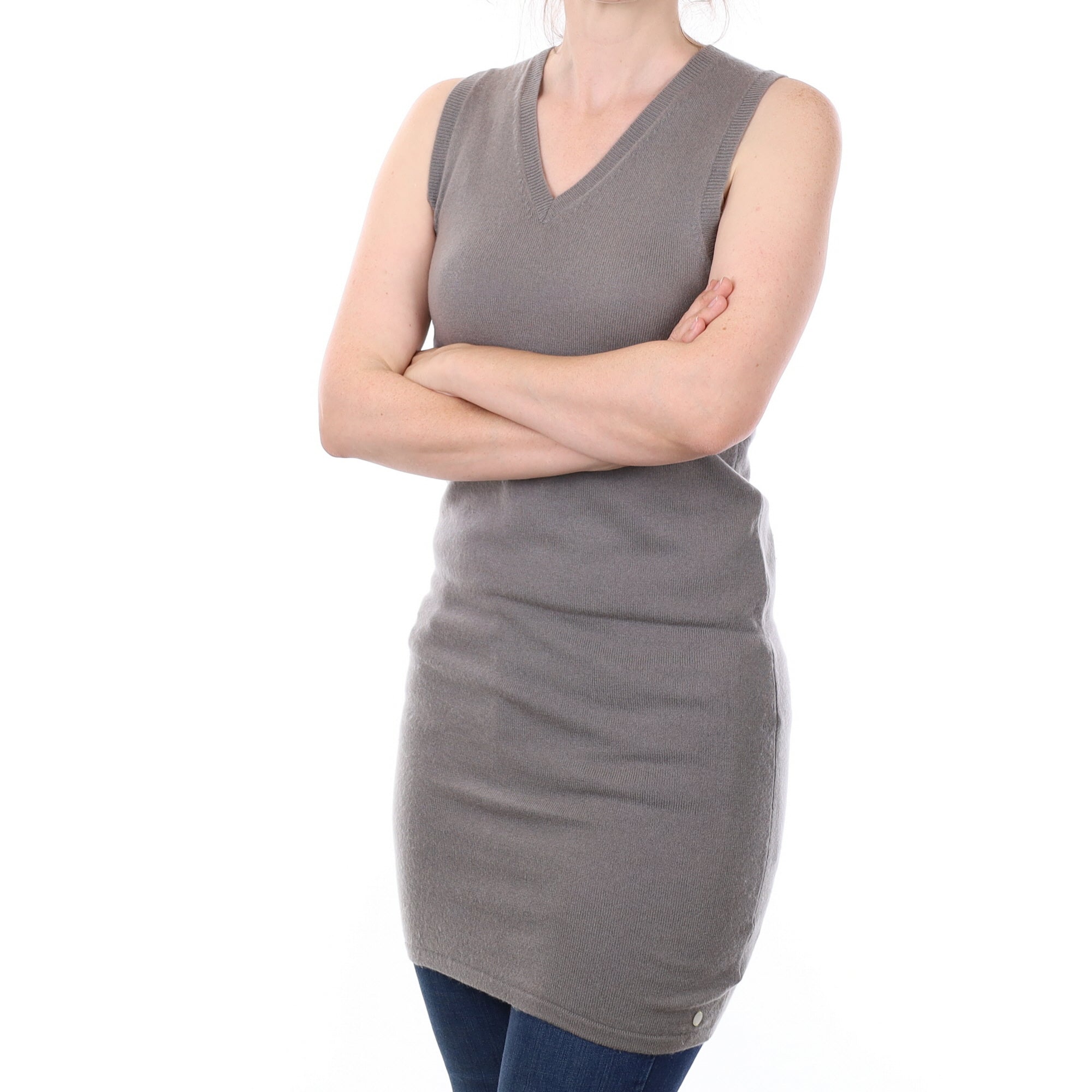 Pebble Grey Sleeveless Cashmere V Neck Tunic Small