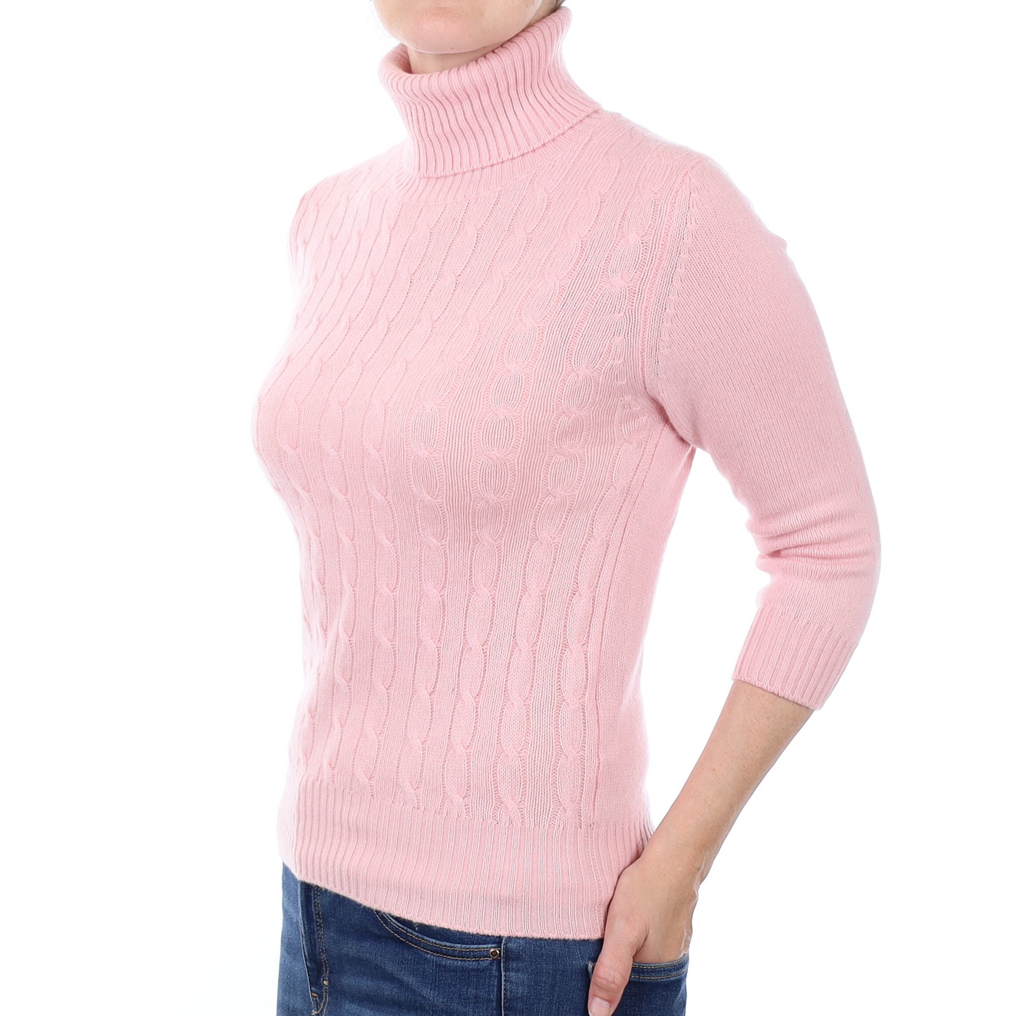 Carnation Pink Cable Cashmere Polo Neck Jumper Small