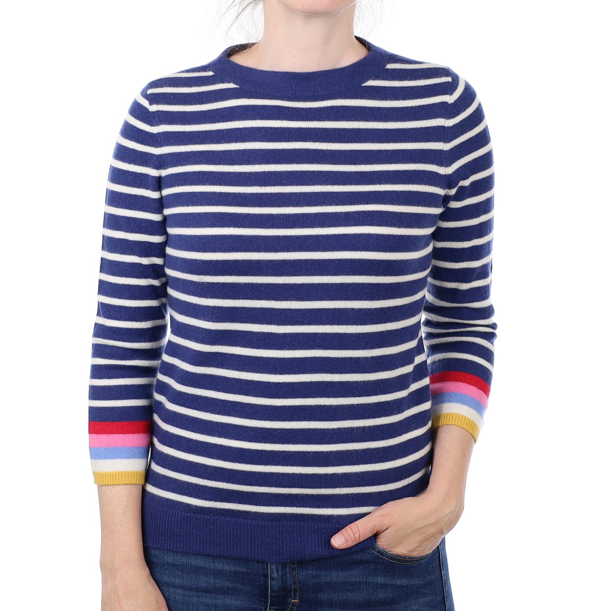 Blue Stripe Cashmere Crew Neck Jumper Small
