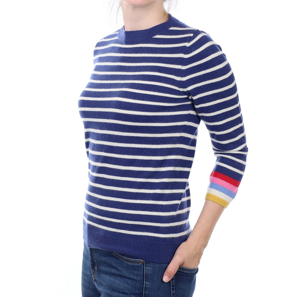 Blue Stripe Cashmere Crew Neck Jumper Small