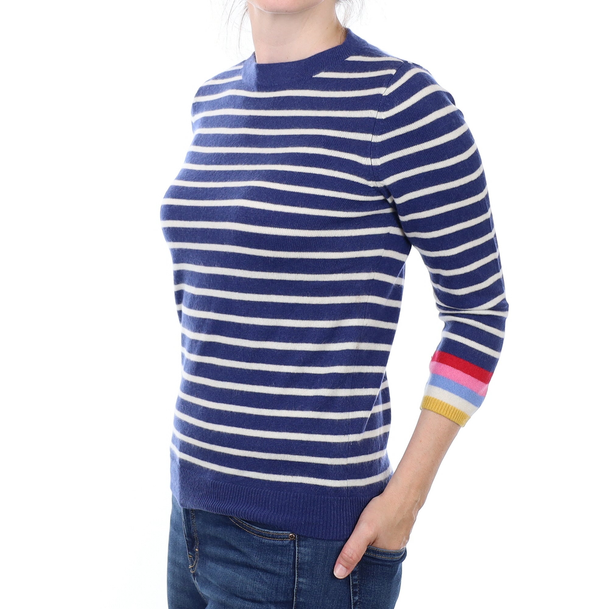 Blue Stripe Cashmere Crew Neck Jumper Small