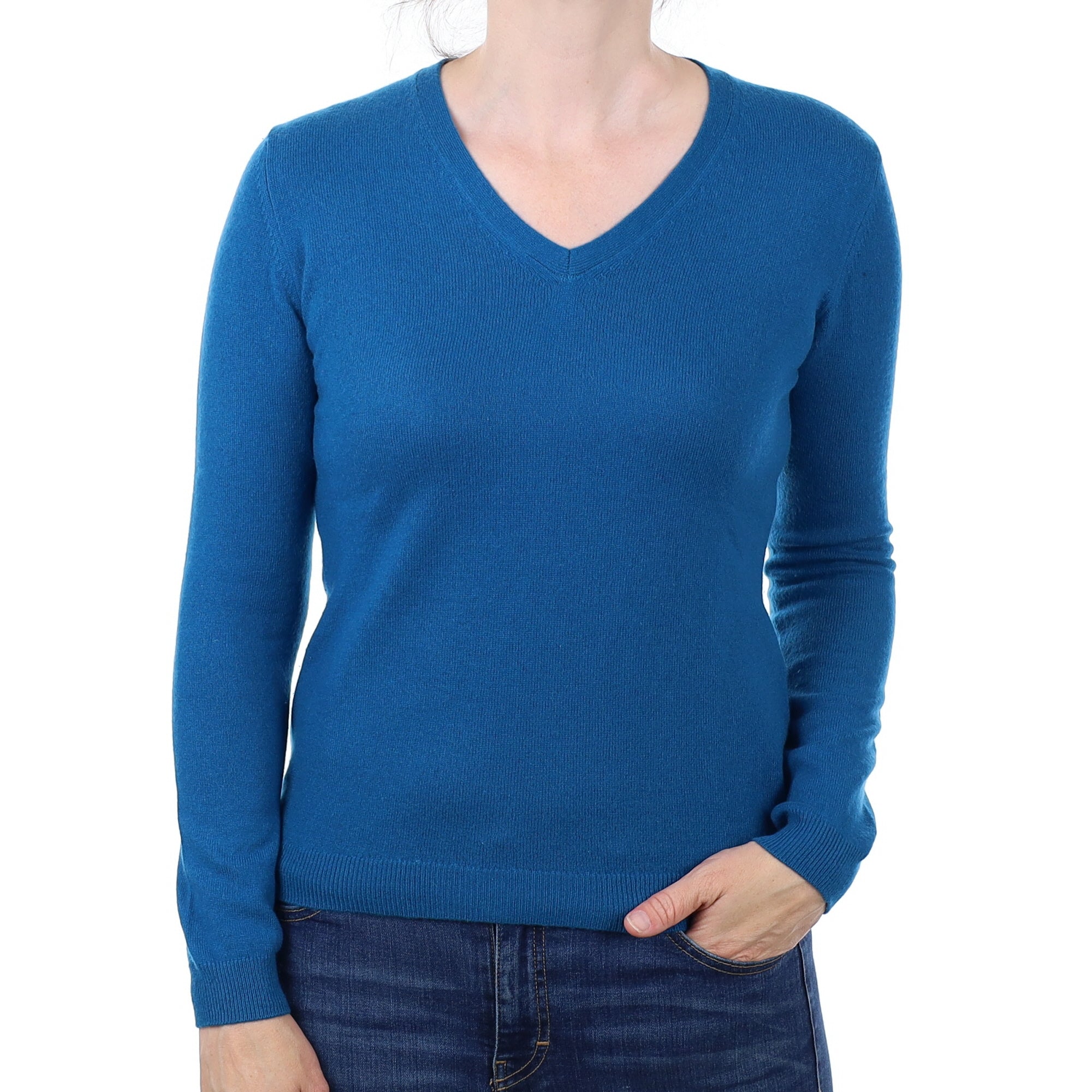 Teal Blue Cashmere V Neck Jumper Small