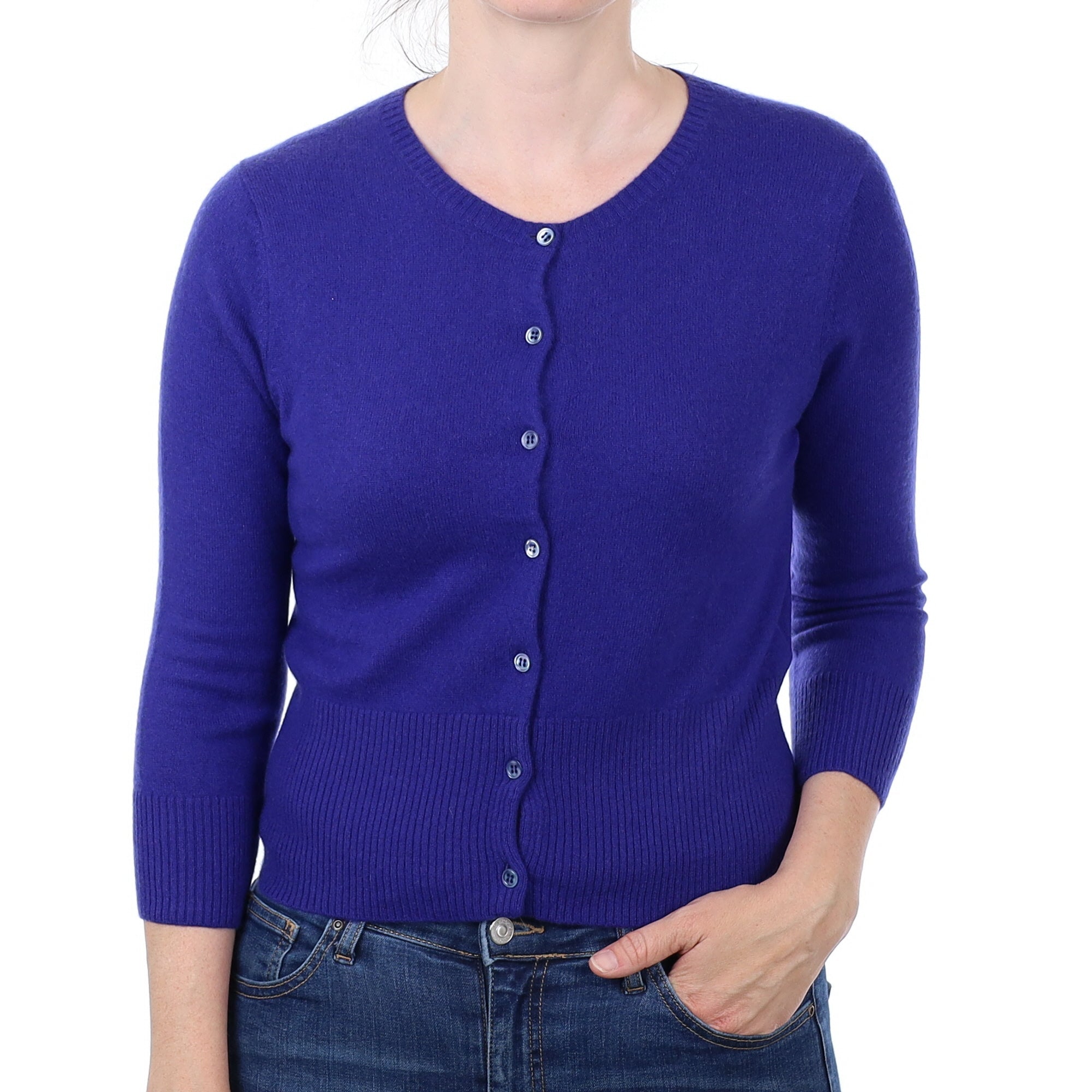 Indigo Purple Cashmere 3/4 Sleeve Crew Neck Cardigan Small