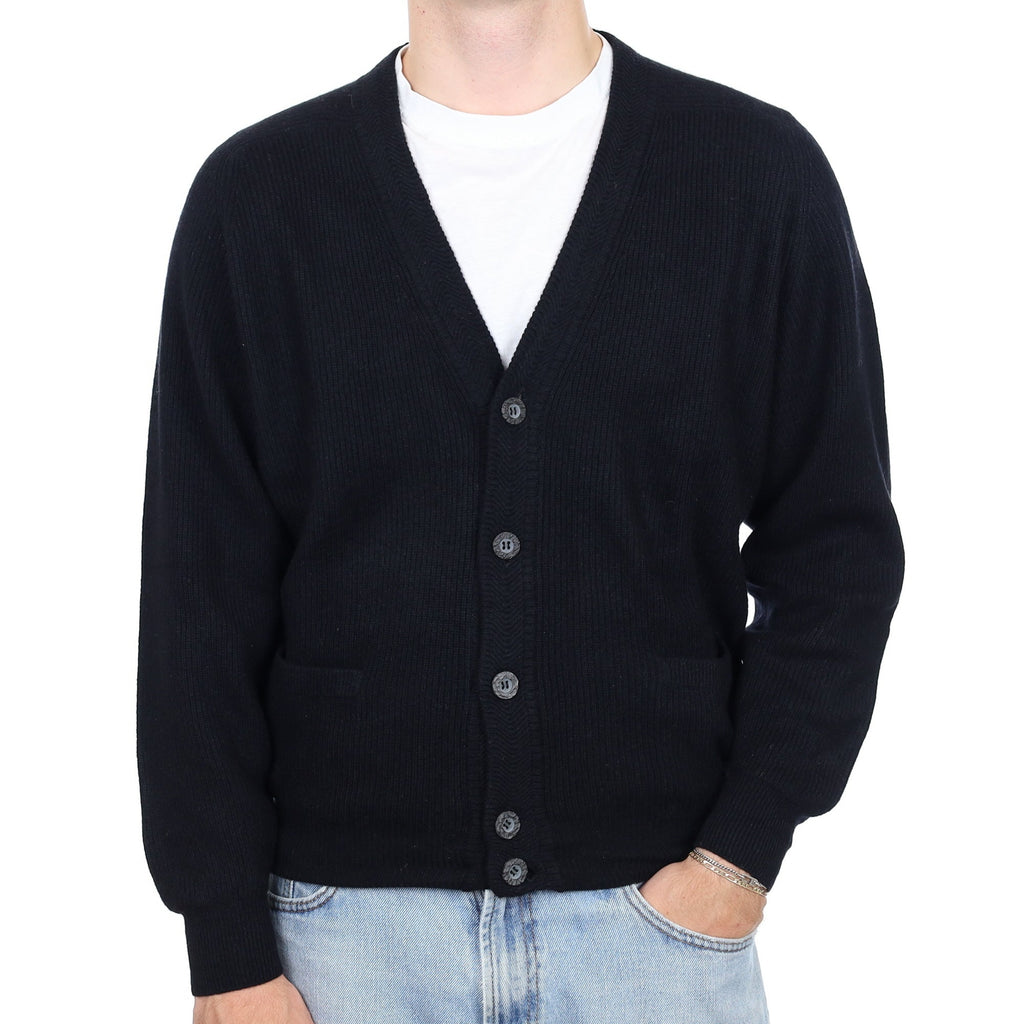 Men's Black Rib Cashmere V Neck Cardigan with Pockets Large
