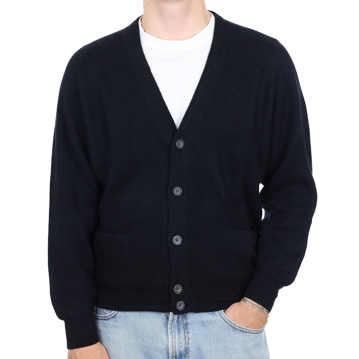 Men's Black Rib Cashmere V Neck Cardigan with Pockets Large