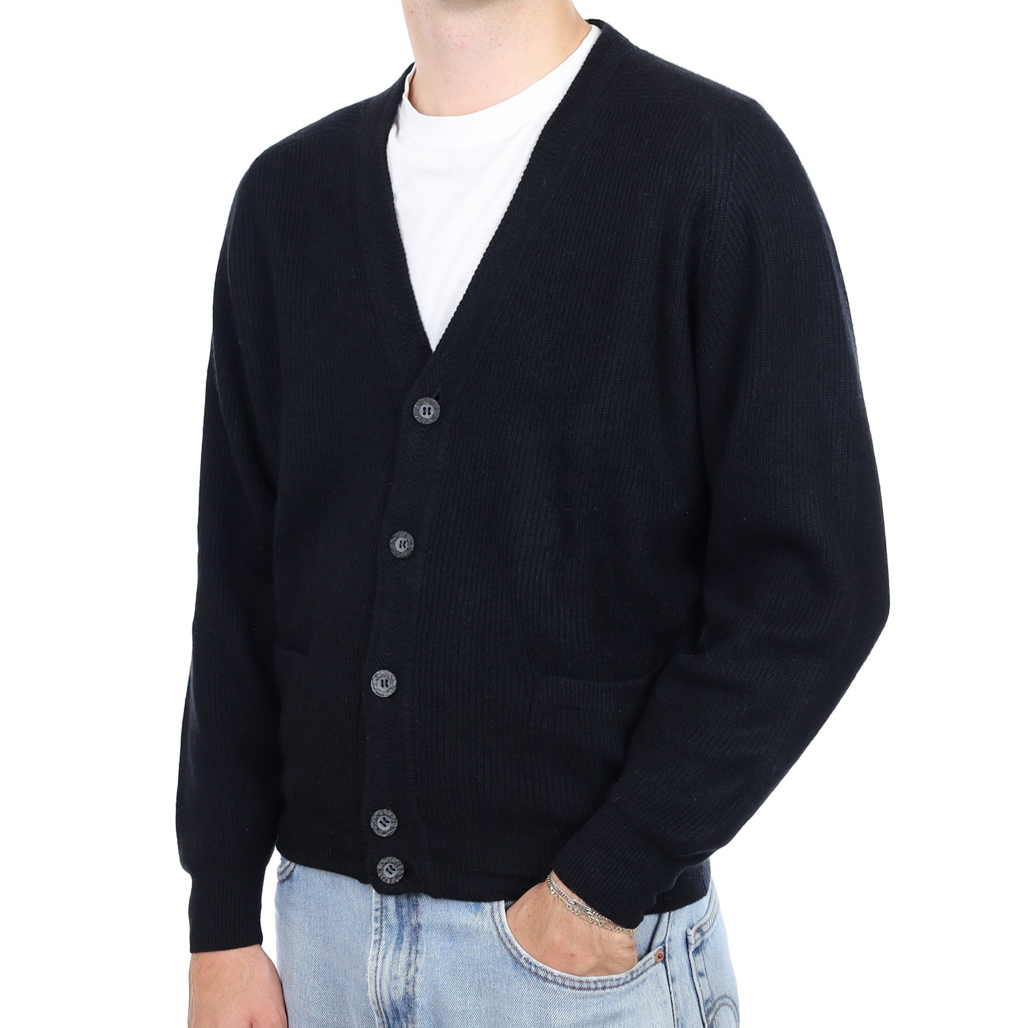 Men's Black Rib Cashmere V Neck Cardigan with Pockets Large