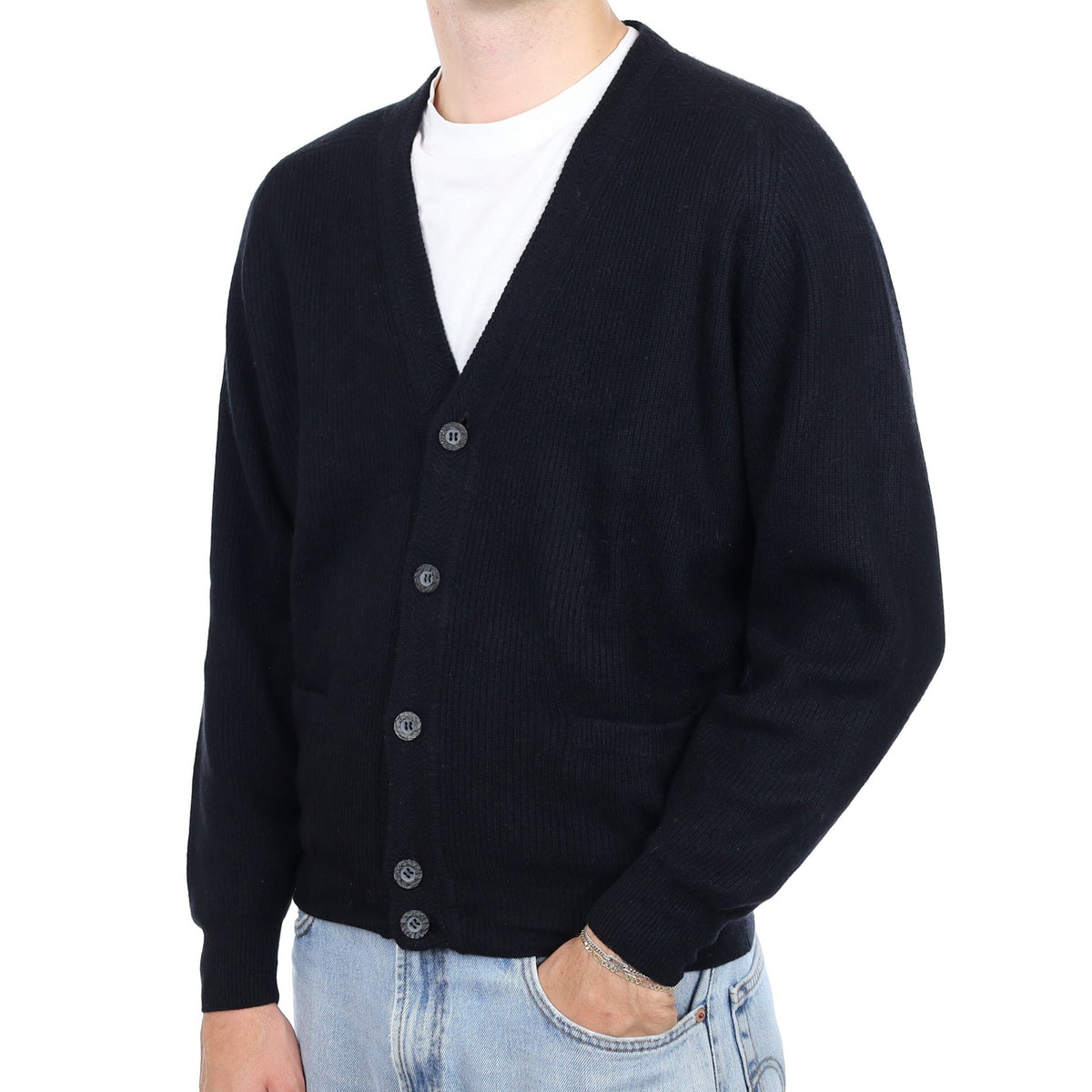 Men's Black Rib Cashmere V Neck Cardigan with Pockets Large